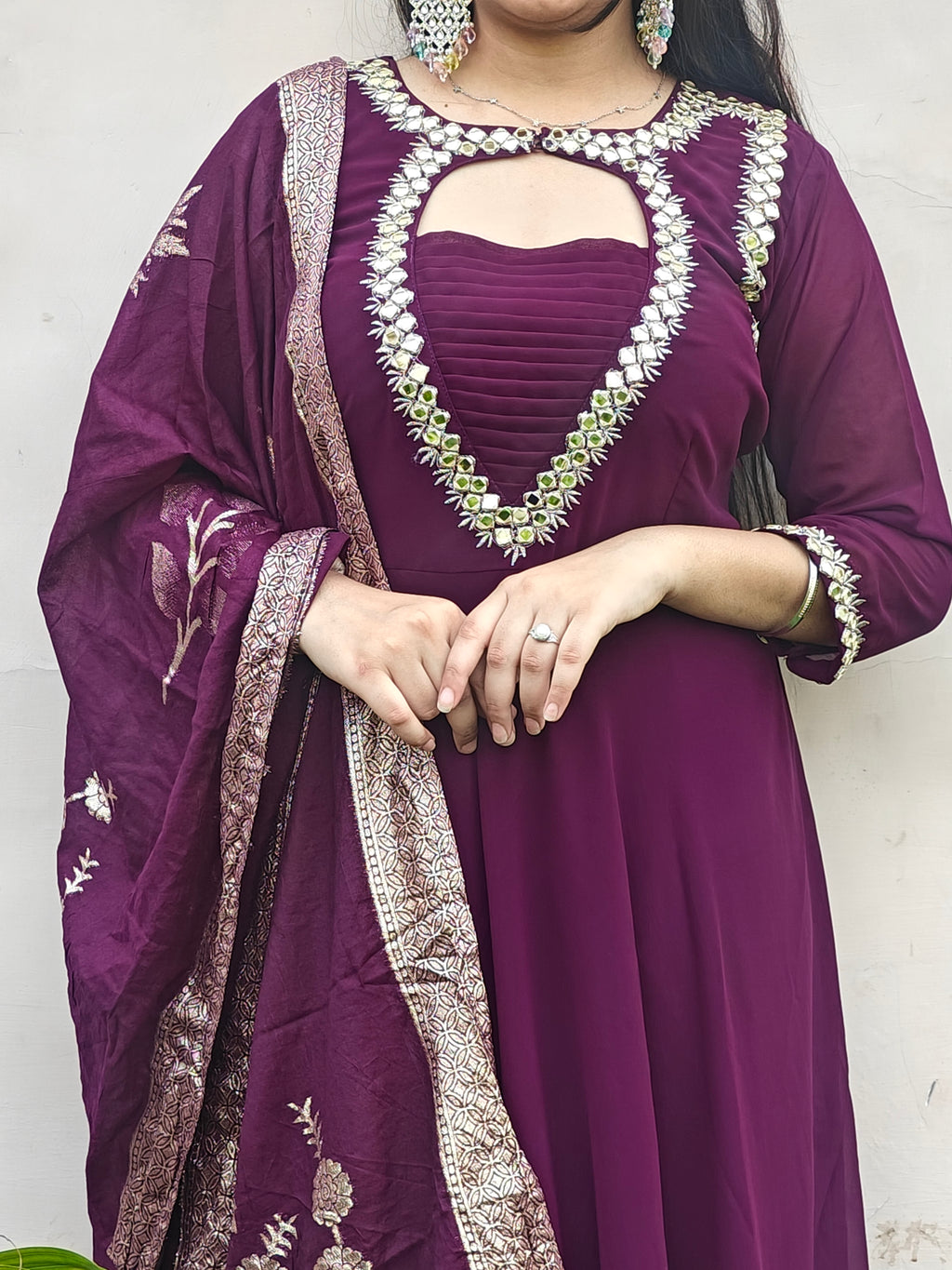 Wine Embroidered Kurta Set with Dupatta (Z0296)