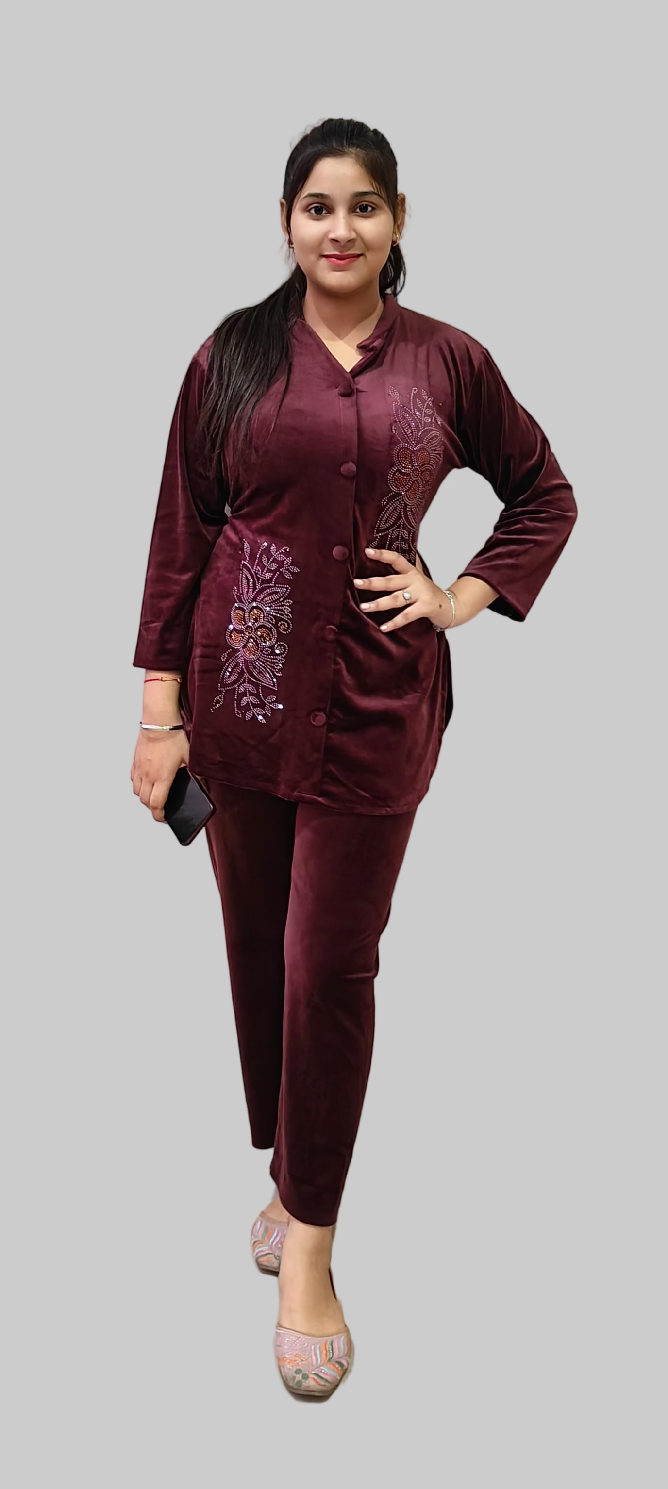 Wine colour beautiful cozy velvet 2 piece set (Z0322)