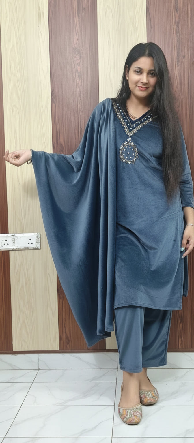 Powder Blue Velvet Suit Set – Elegant 3-Piece Formal Wear(Z0363)