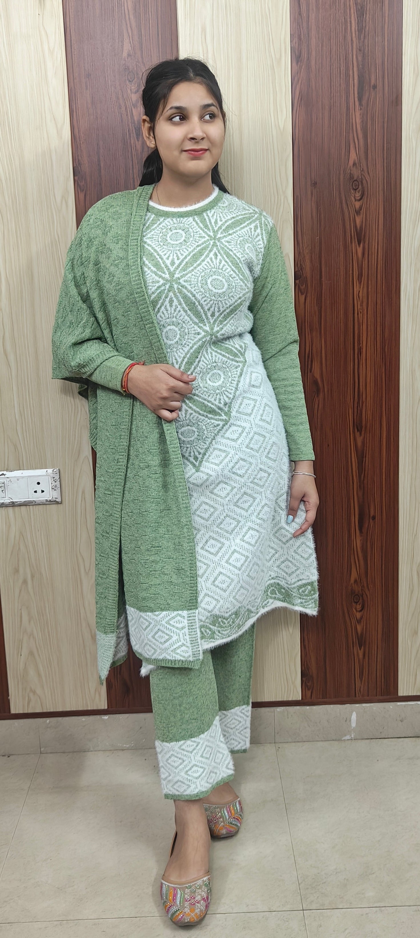 Premium Pista Green Woolen 3-Piece Set (Rabbit Wool) (Z0366)