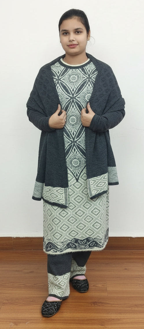 Elegant Black and White Woolen 3PC Set (Rabbit Wool) (Z0367)