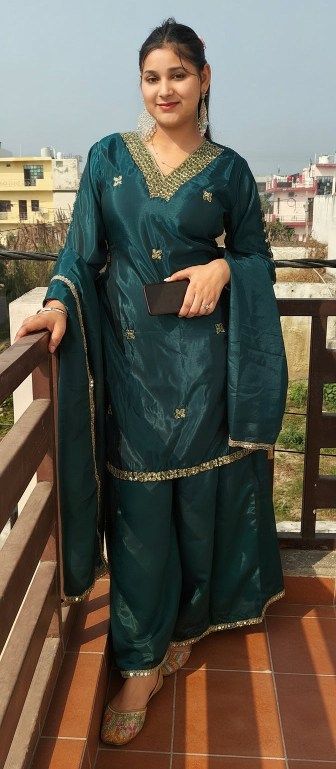 Rama Green Mirror-Work 3 Piece Party Wear suit (Z0368)