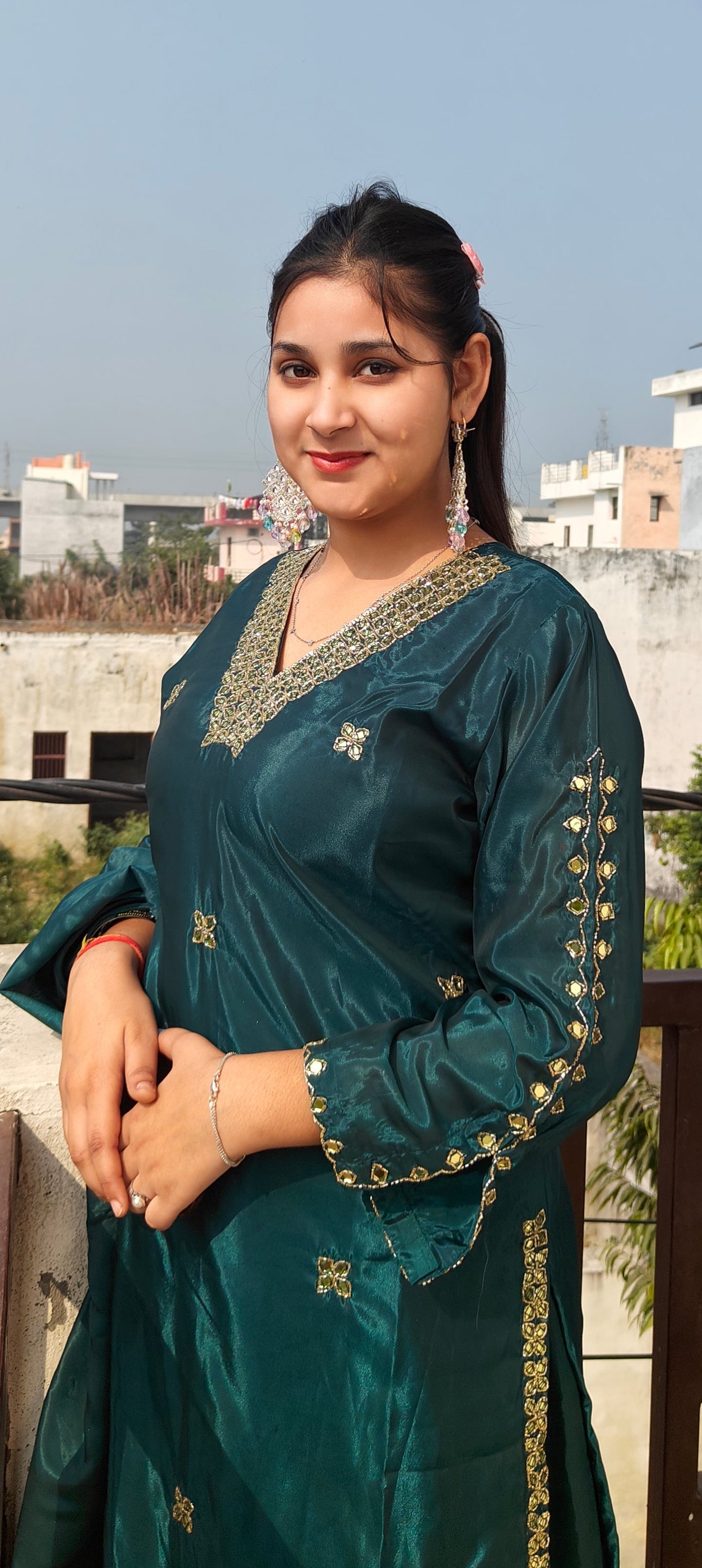 Rama Green Mirror-Work 3 Piece Party Wear suit (Z0368)