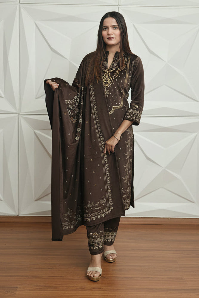 Coffee Colour 3 piece velvet suit (ZO412)