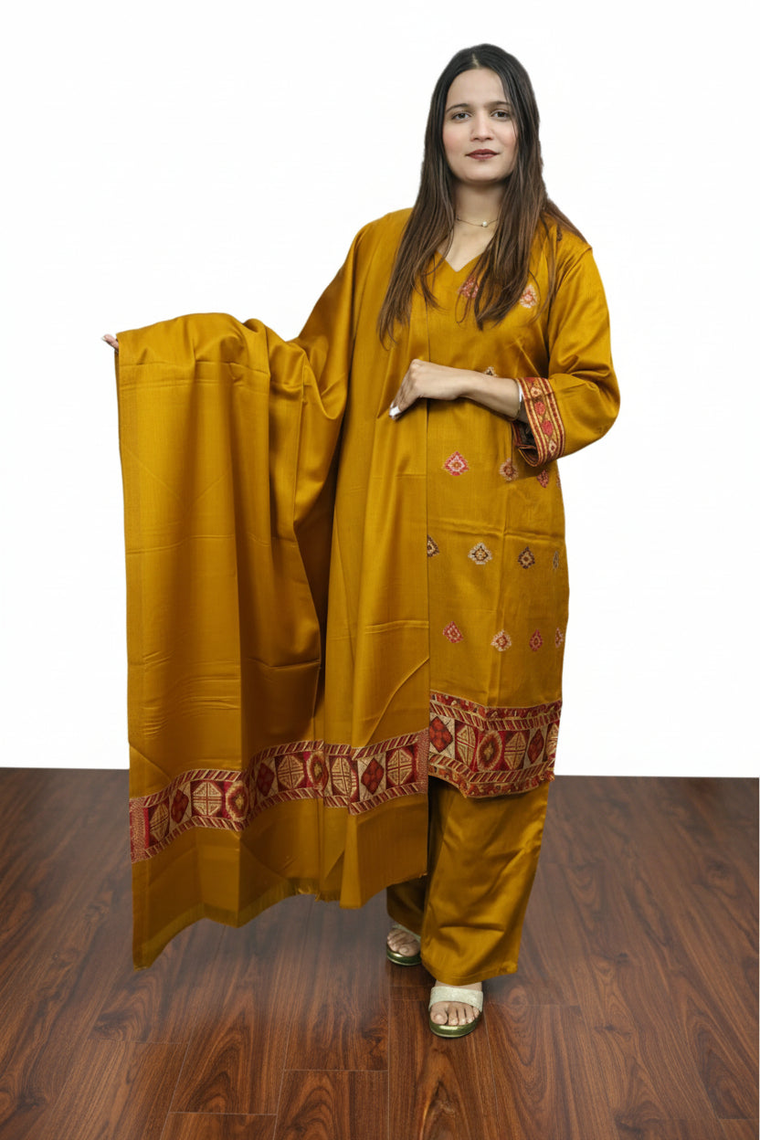 Yellow colour 3 piece Pashmina Suit (ZO414)