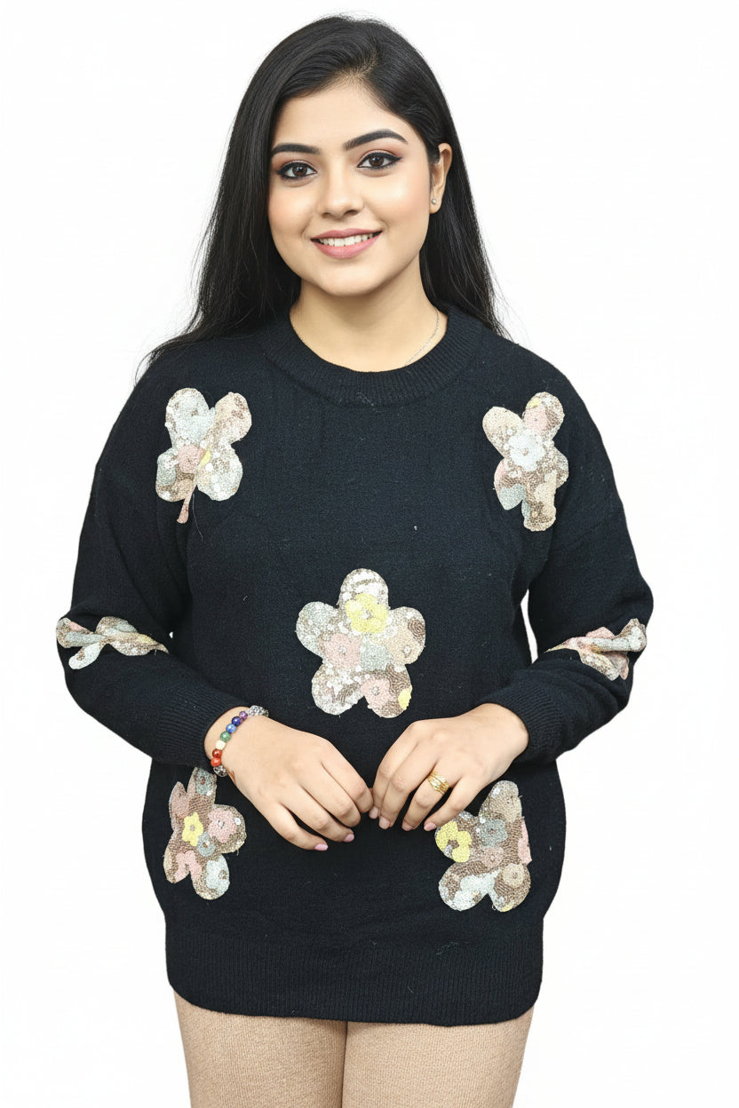 Black Winter Sweater with Floral Sequin work (ZO428)