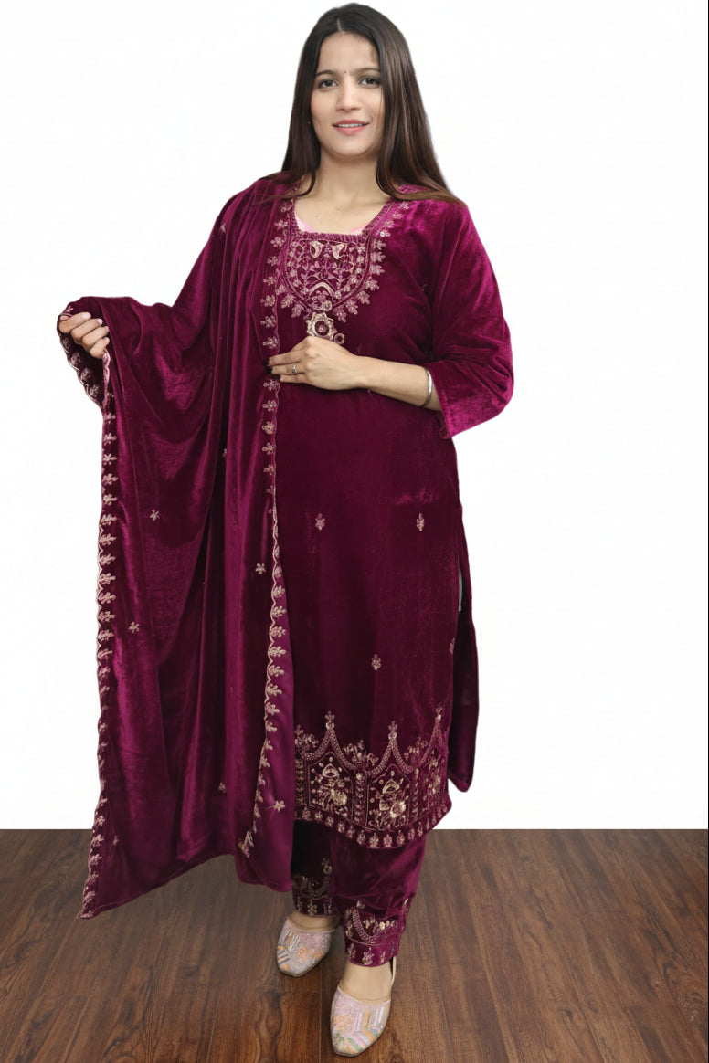 Wine Colour 3 Piece Premium Velvet suit (ZO431)