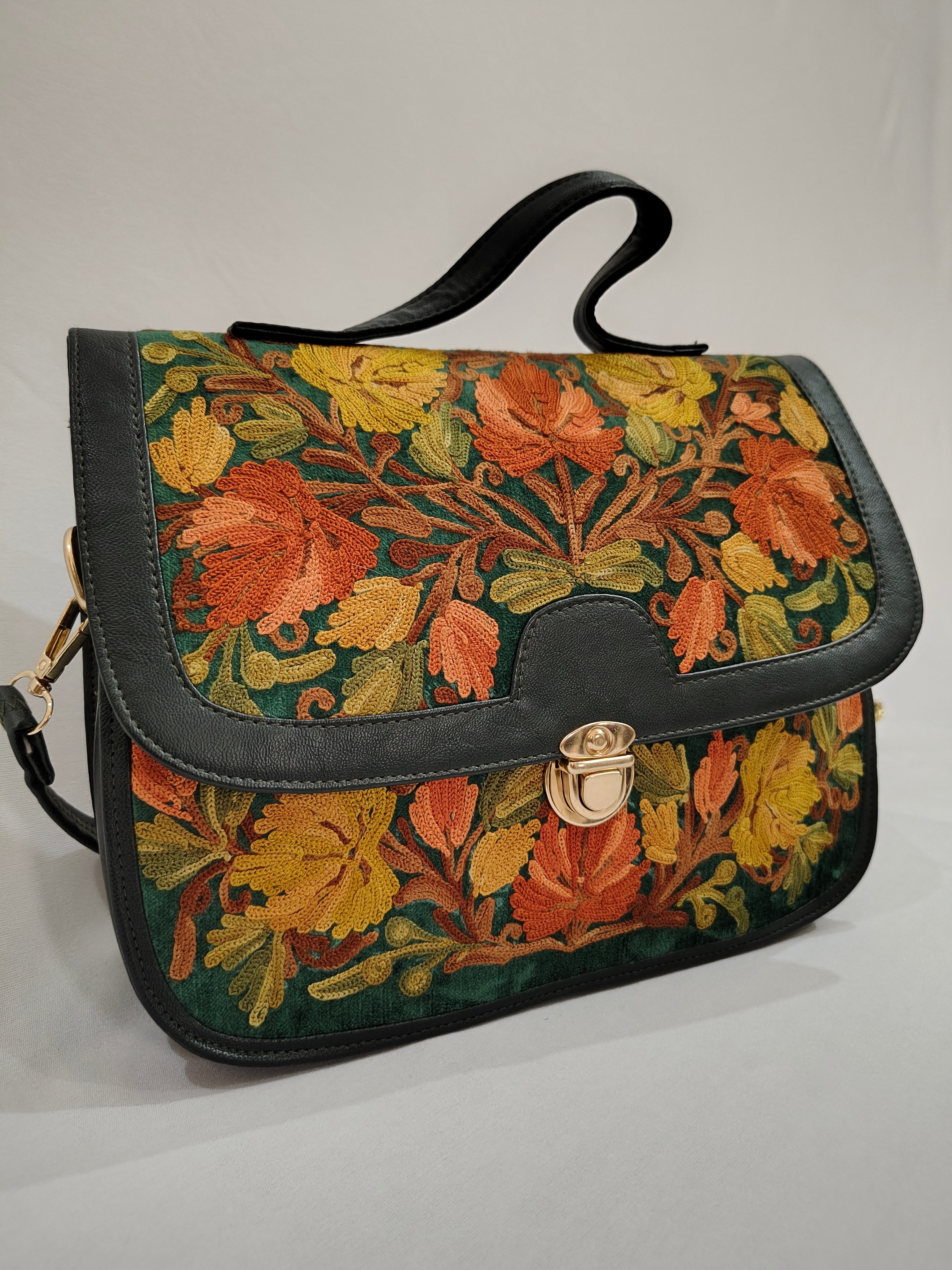 Kashmiri Ari Leather bag along with long leather strap