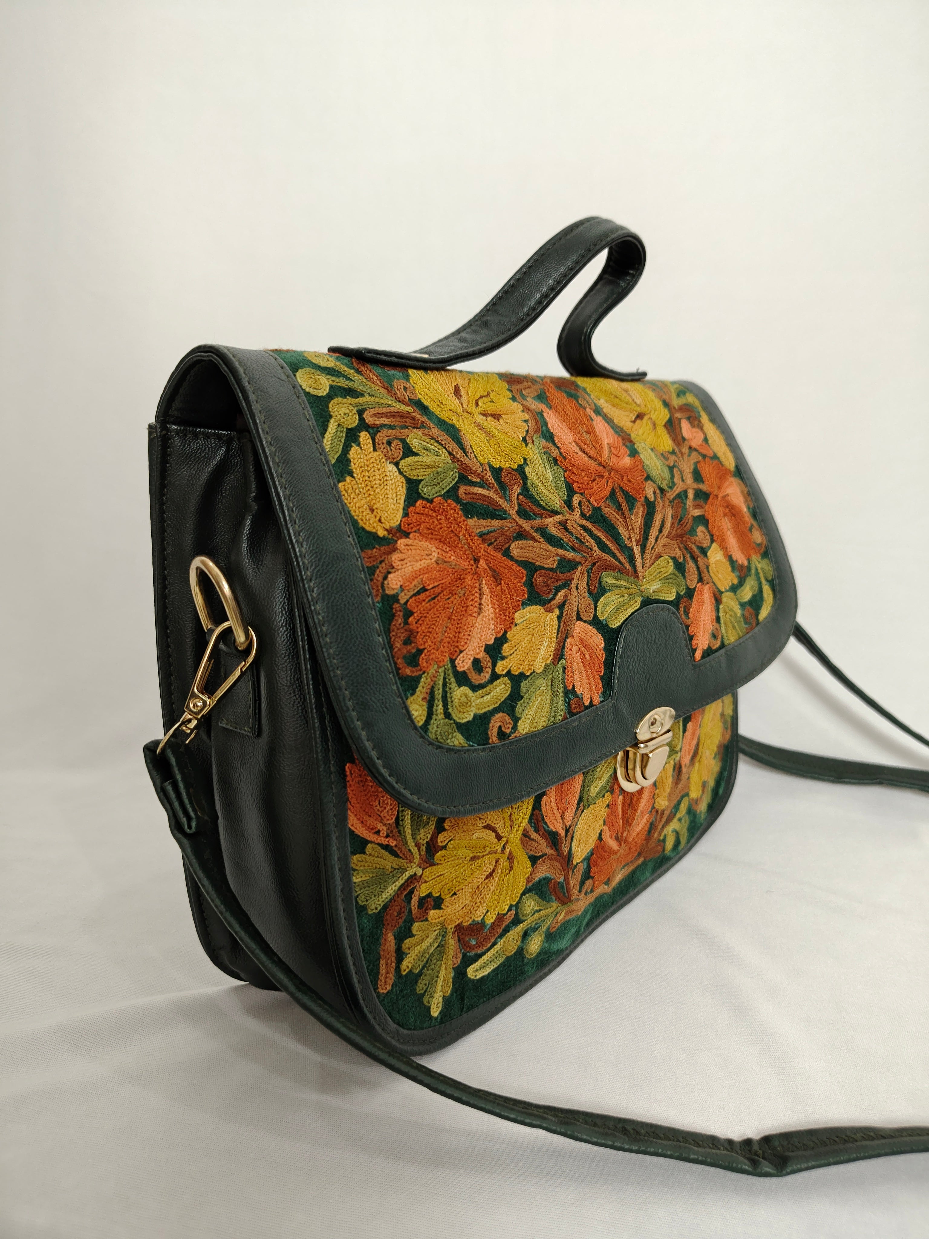 Kashmiri Ari Leather bag along with long leather strap