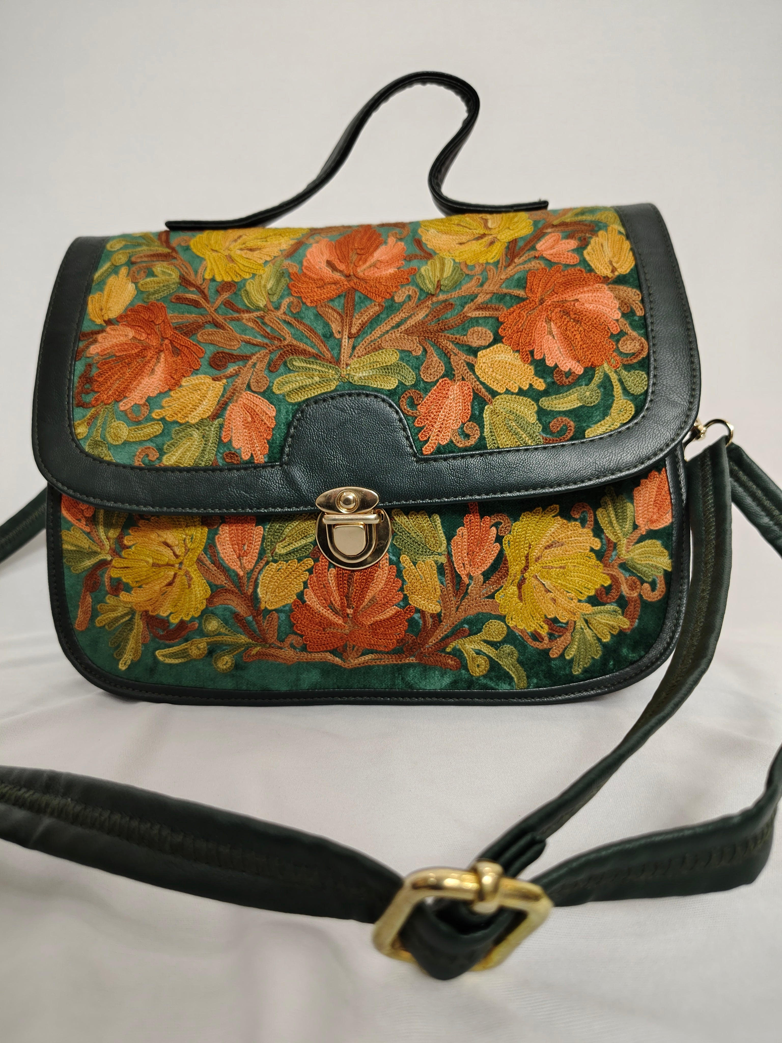Kashmiri Ari Leather bag along with long leather strap