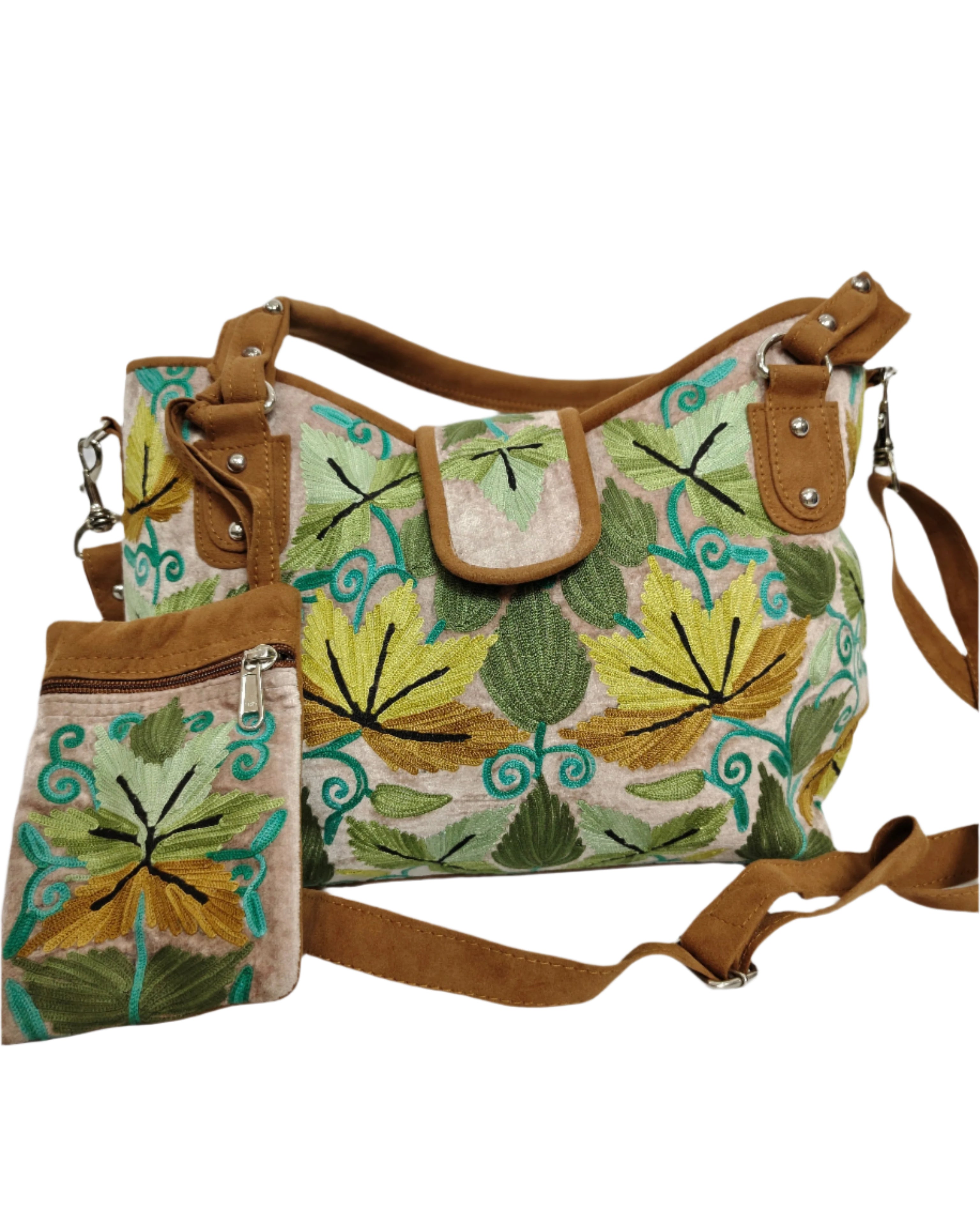Floral Embroidered Shoulder Bag, Vintage Style Handbag with Leather Handles,Sling Strap with Botanical Design