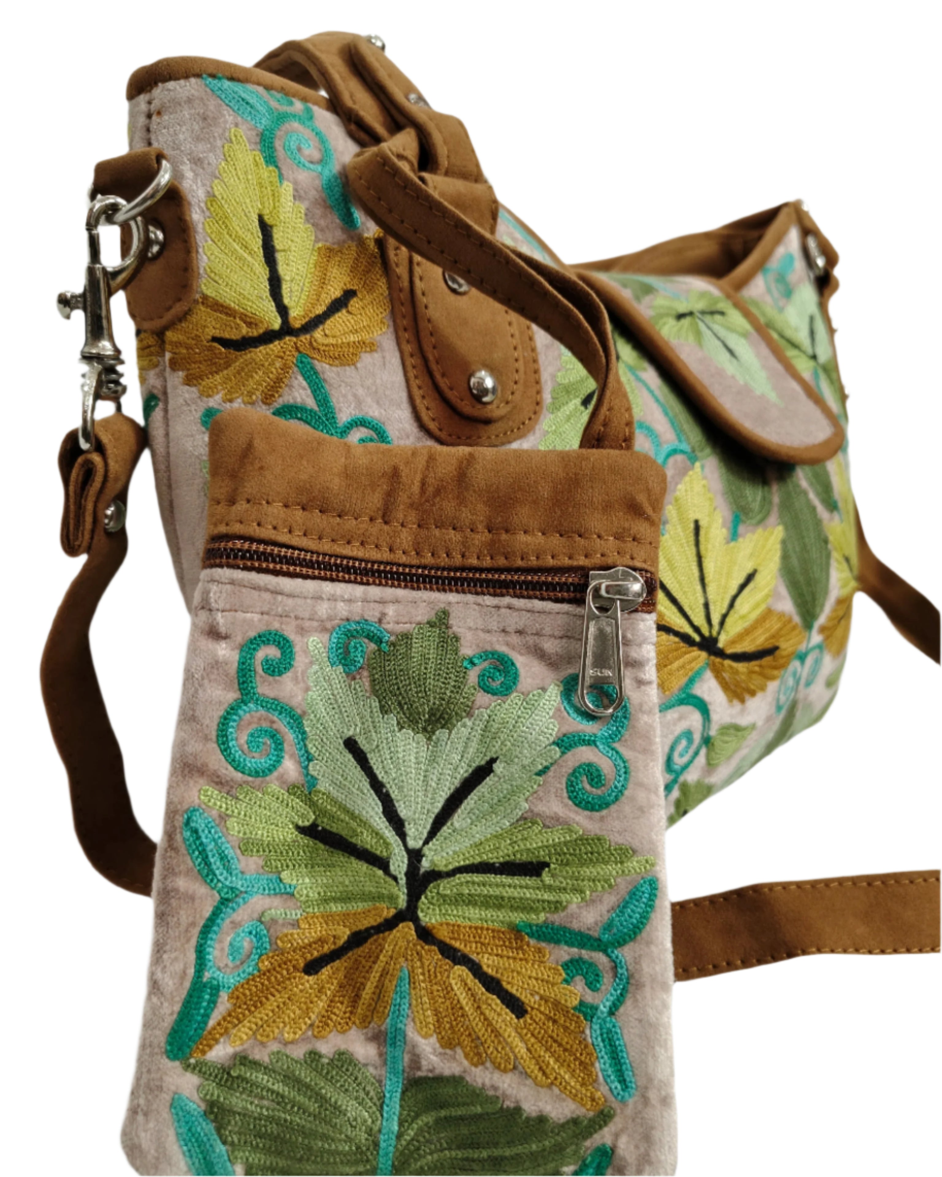Floral Embroidered Shoulder Bag, Vintage Style Handbag with Leather Handles,Sling Strap with Botanical Design