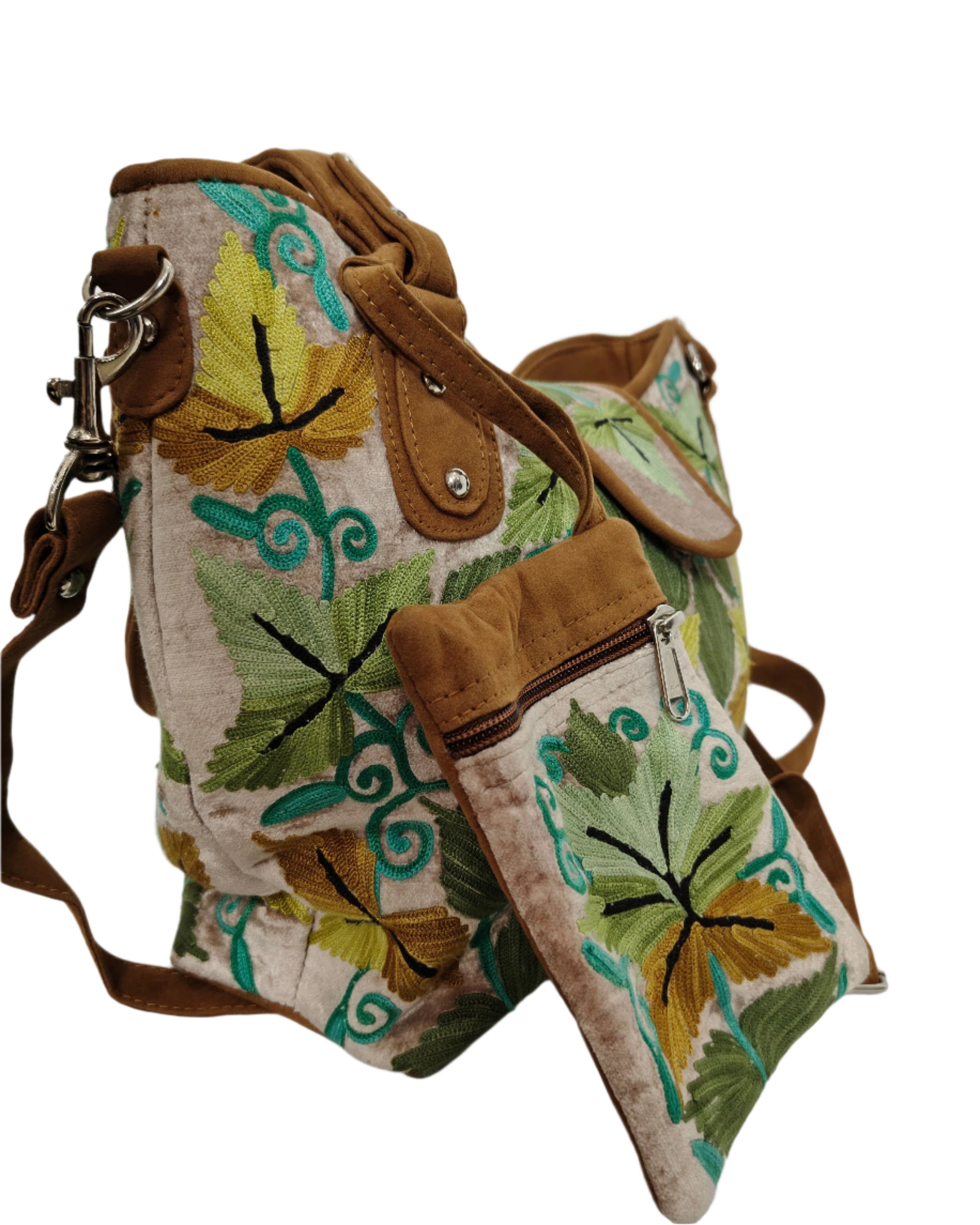 Floral Embroidered Shoulder Bag, Vintage Style Handbag with Leather Handles,Sling Strap with Botanical Design