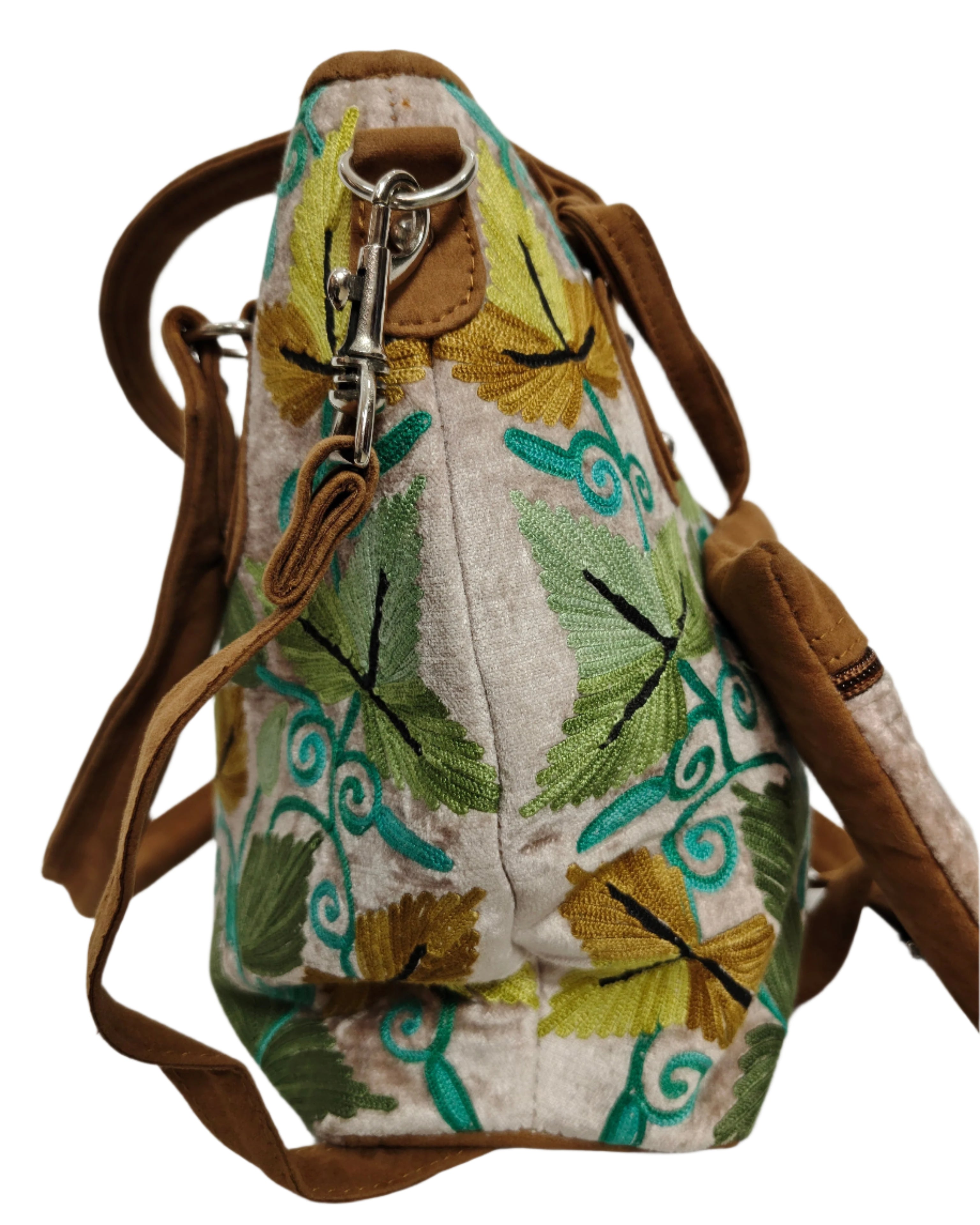 Floral Embroidered Shoulder Bag, Vintage Style Handbag with Leather Handles,Sling Strap with Botanical Design