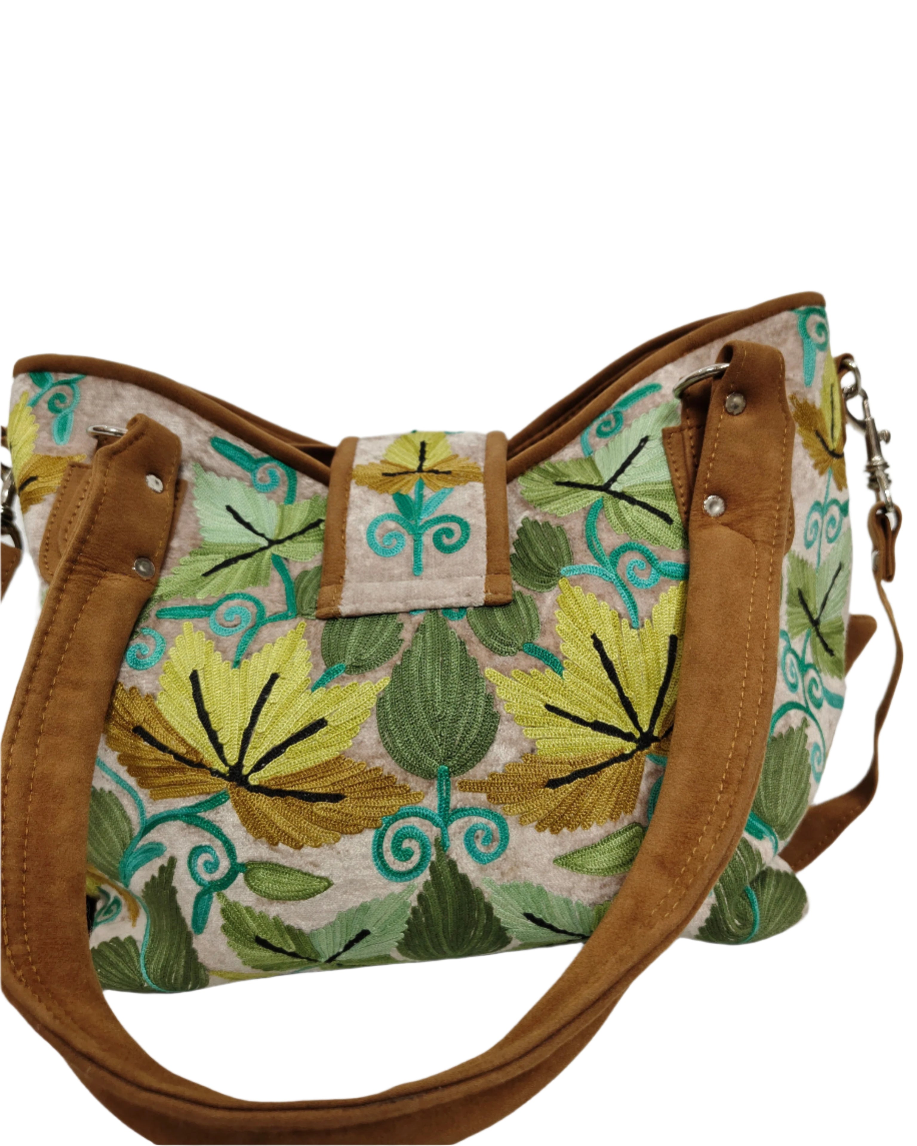 Floral Embroidered Shoulder Bag, Vintage Style Handbag with Leather Handles,Sling Strap with Botanical Design