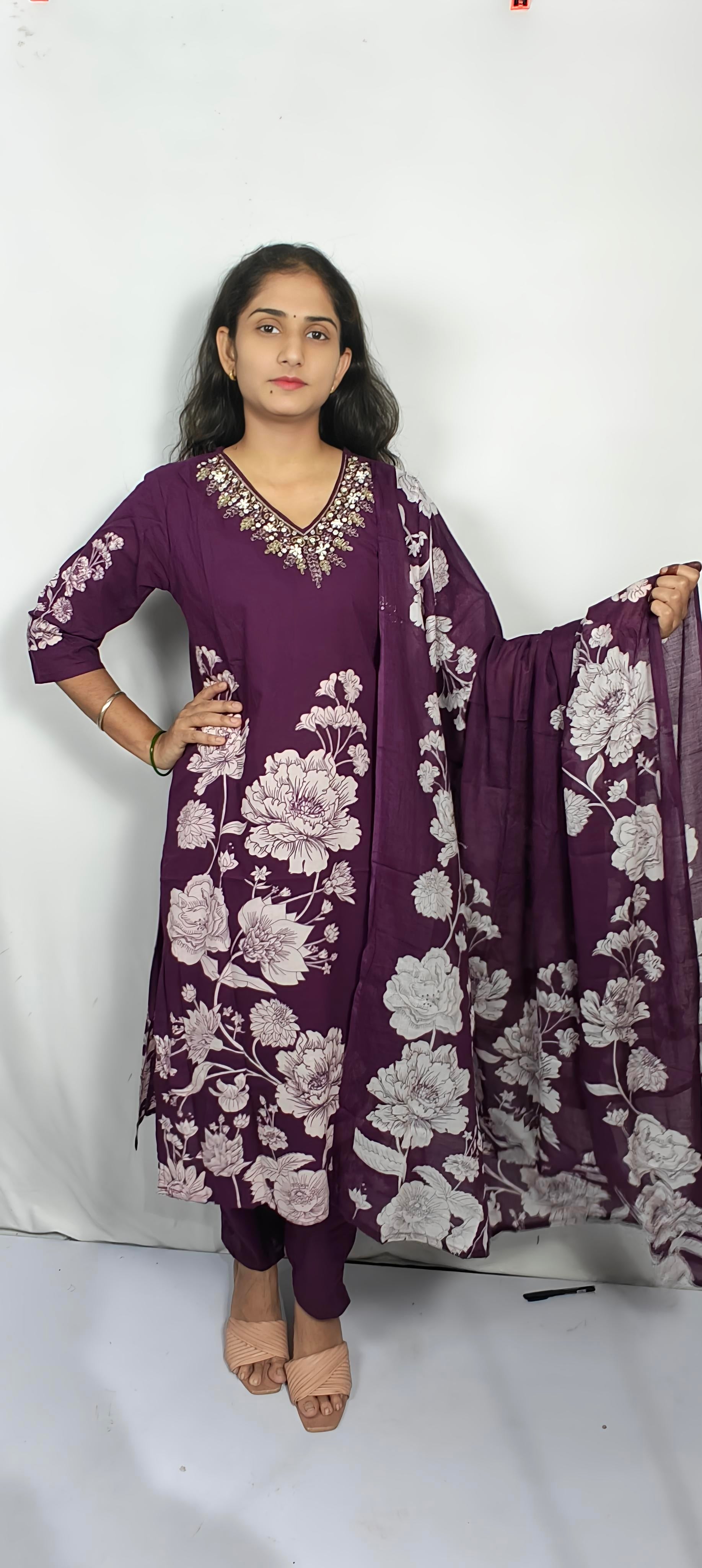 Purple Floral Embroidered  3 Piece Kurta Set (Z0206)