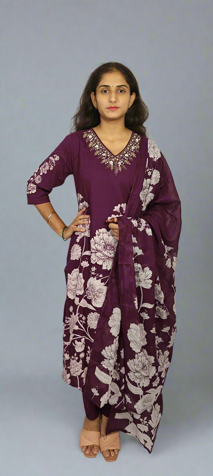 Purple Floral Embroidered  3 Piece Kurta Set (Z0206)