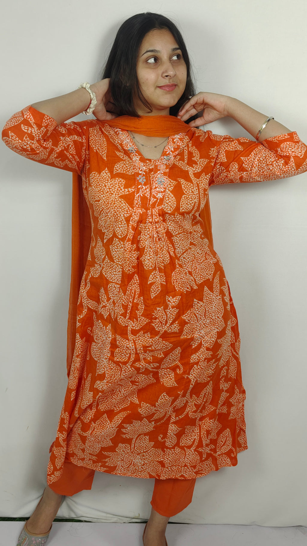 Woman in Bright Orange Floral 3 Piece Kurta Set (Z0239)