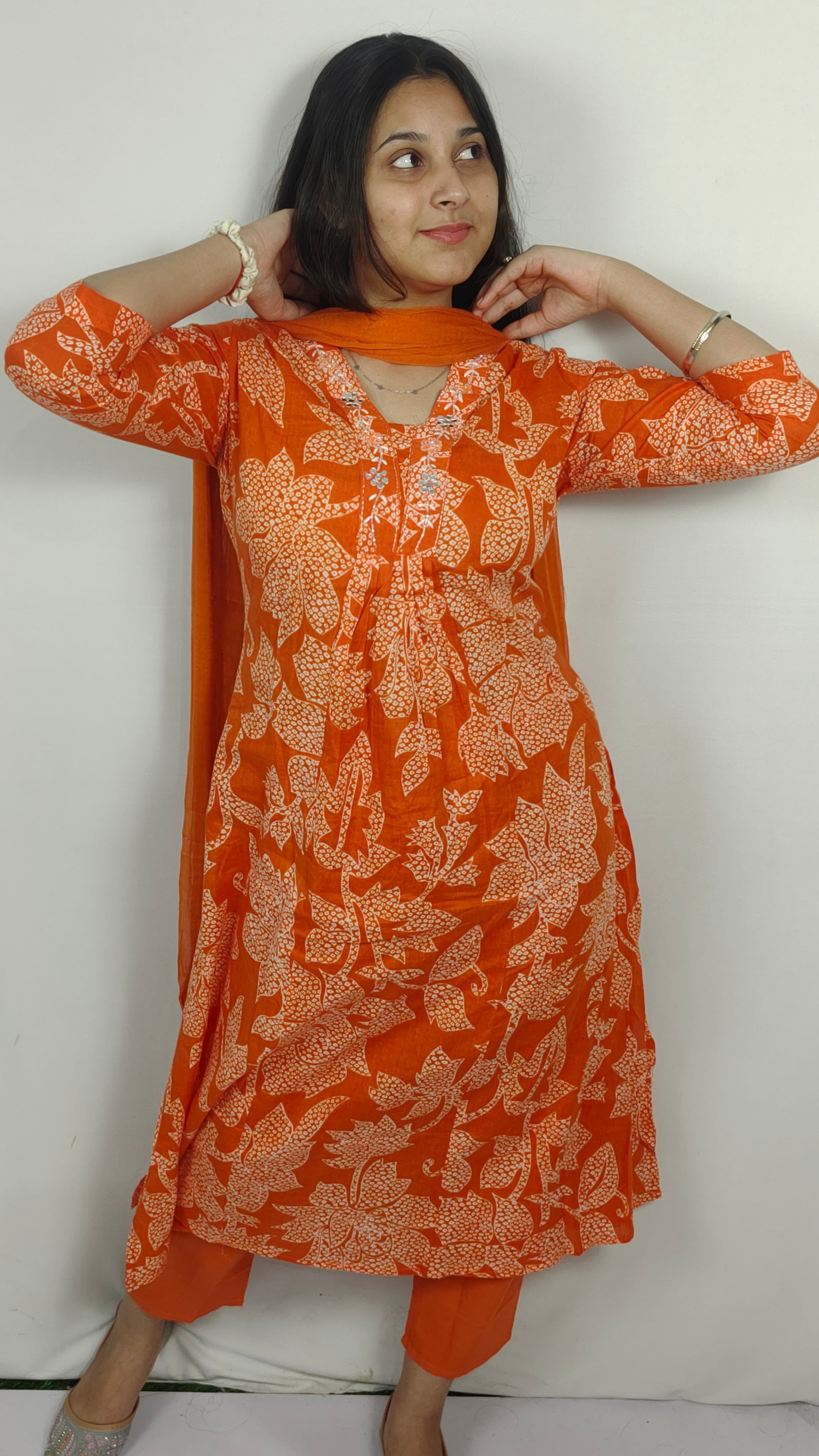 Woman in Bright Orange Floral 3 Piece Kurta Set (Z0239)