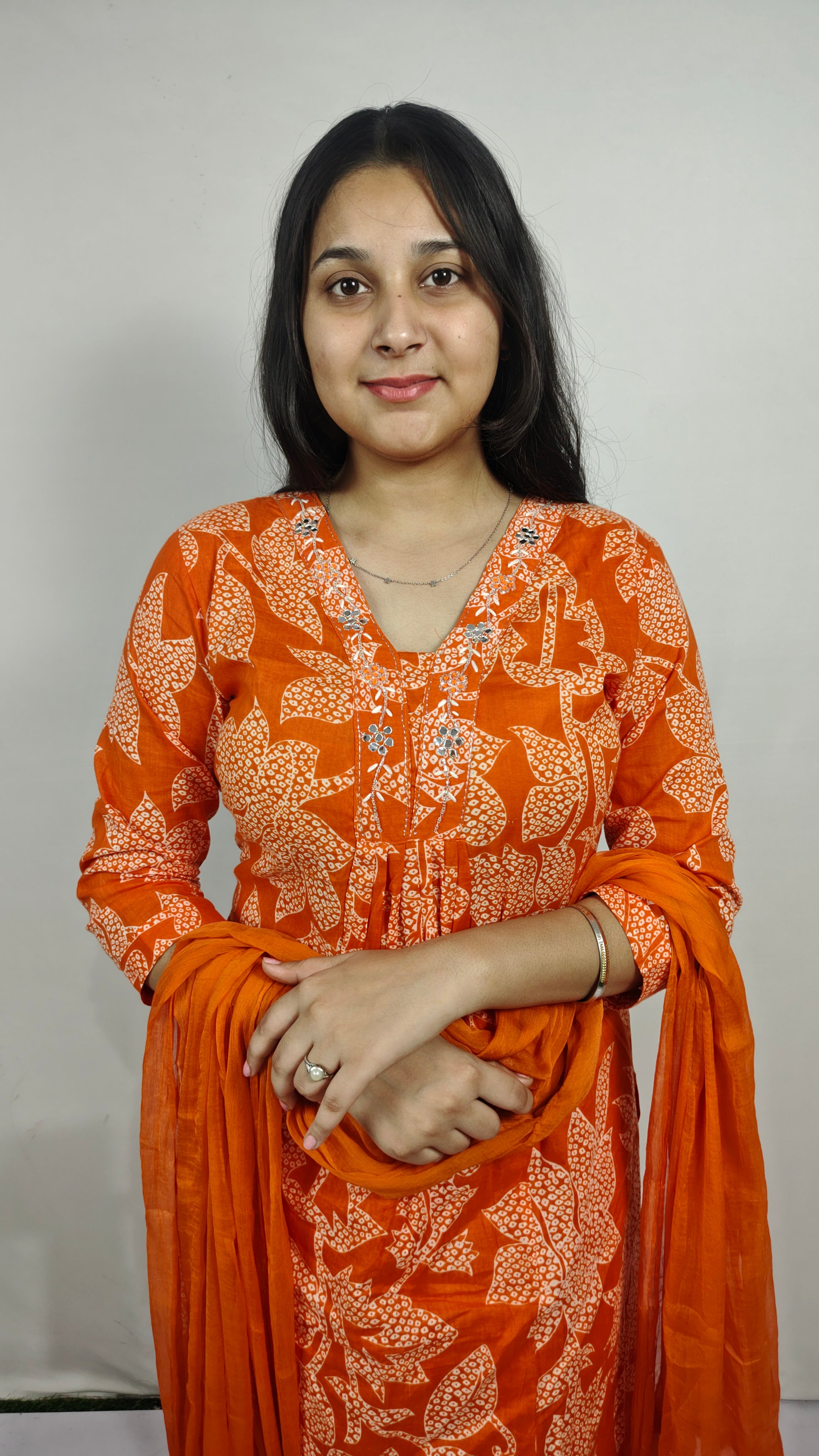 Woman in Bright Orange Floral 3 Piece Kurta Set (Z0239)