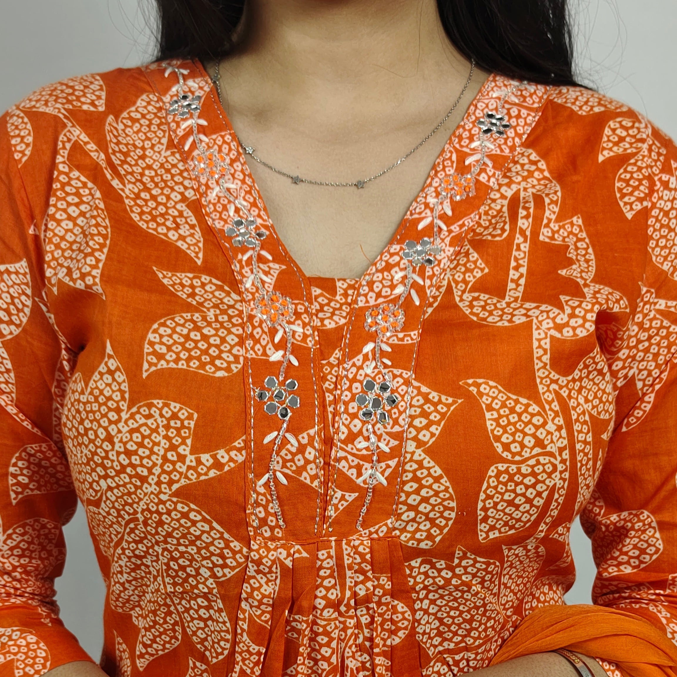 Woman in Bright Orange Floral 3 Piece Kurta Set (Z0239)