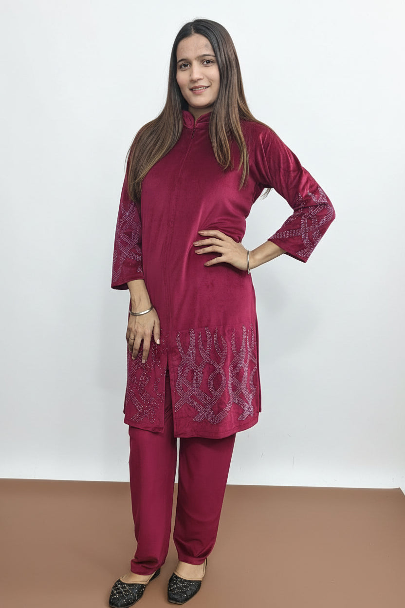 Maroon Colour beautiful cozy velvet 2 piece set (Z0399)