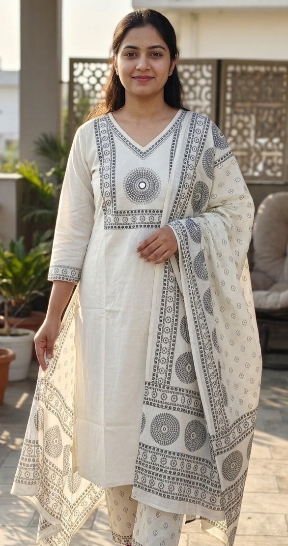 White colour reyon cotton fabric 3 piece suit (Z0779)