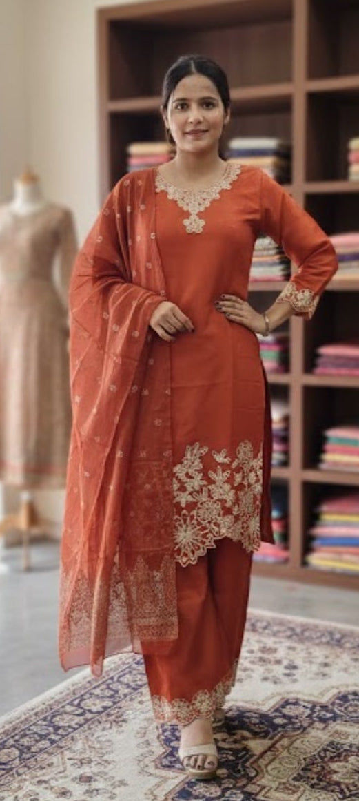 Orange colour  with Plazzo Partywear 3 piece suit (Z0577)