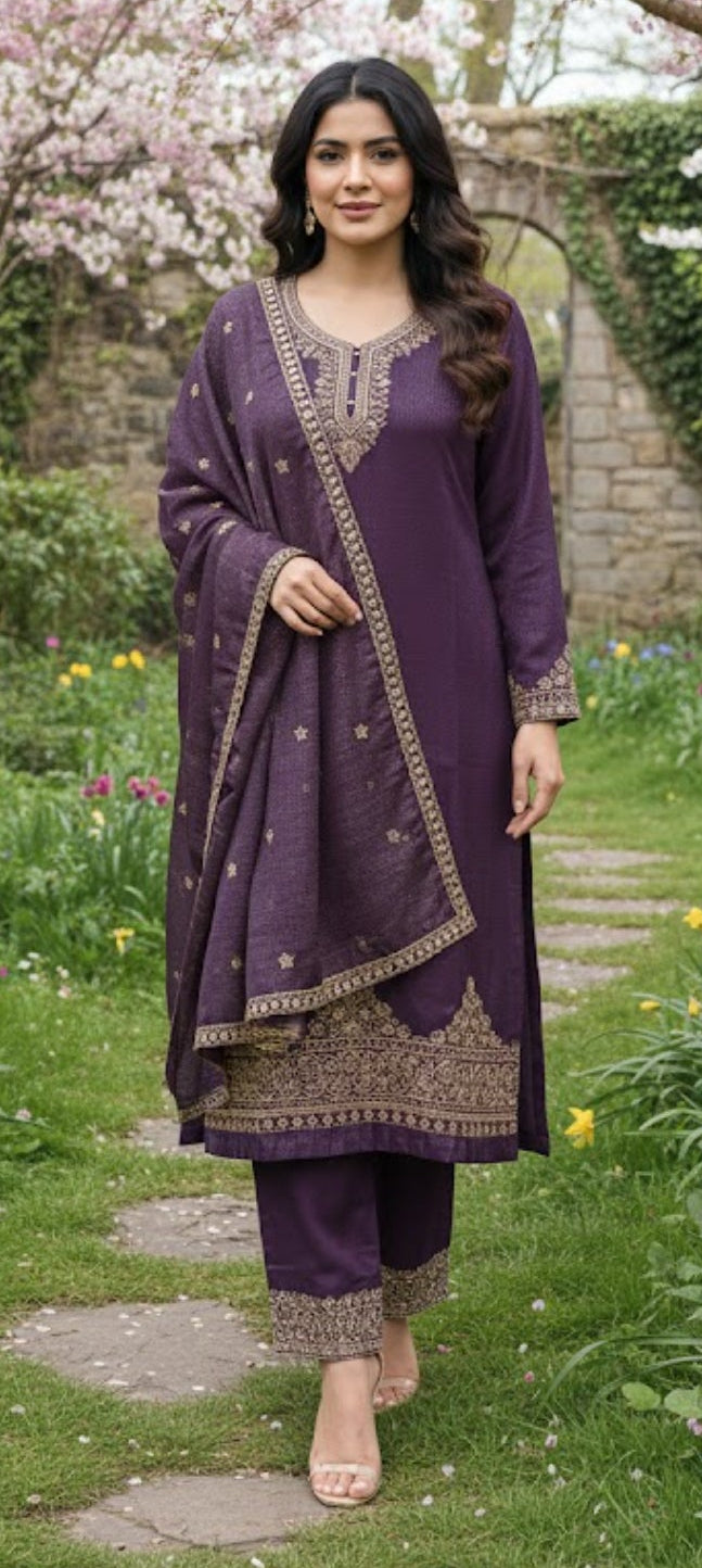 Purple colour chinon fabric partwear suit (Z0570)
