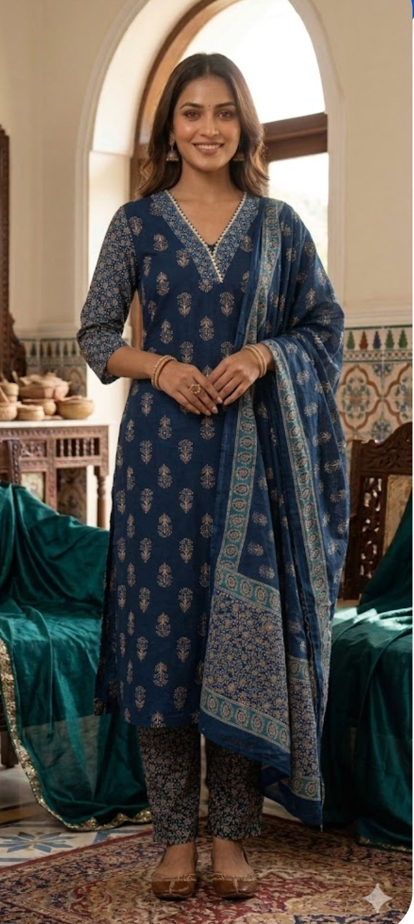 Blue colour cotton fabric Printed 3 piece suit (Z0639)