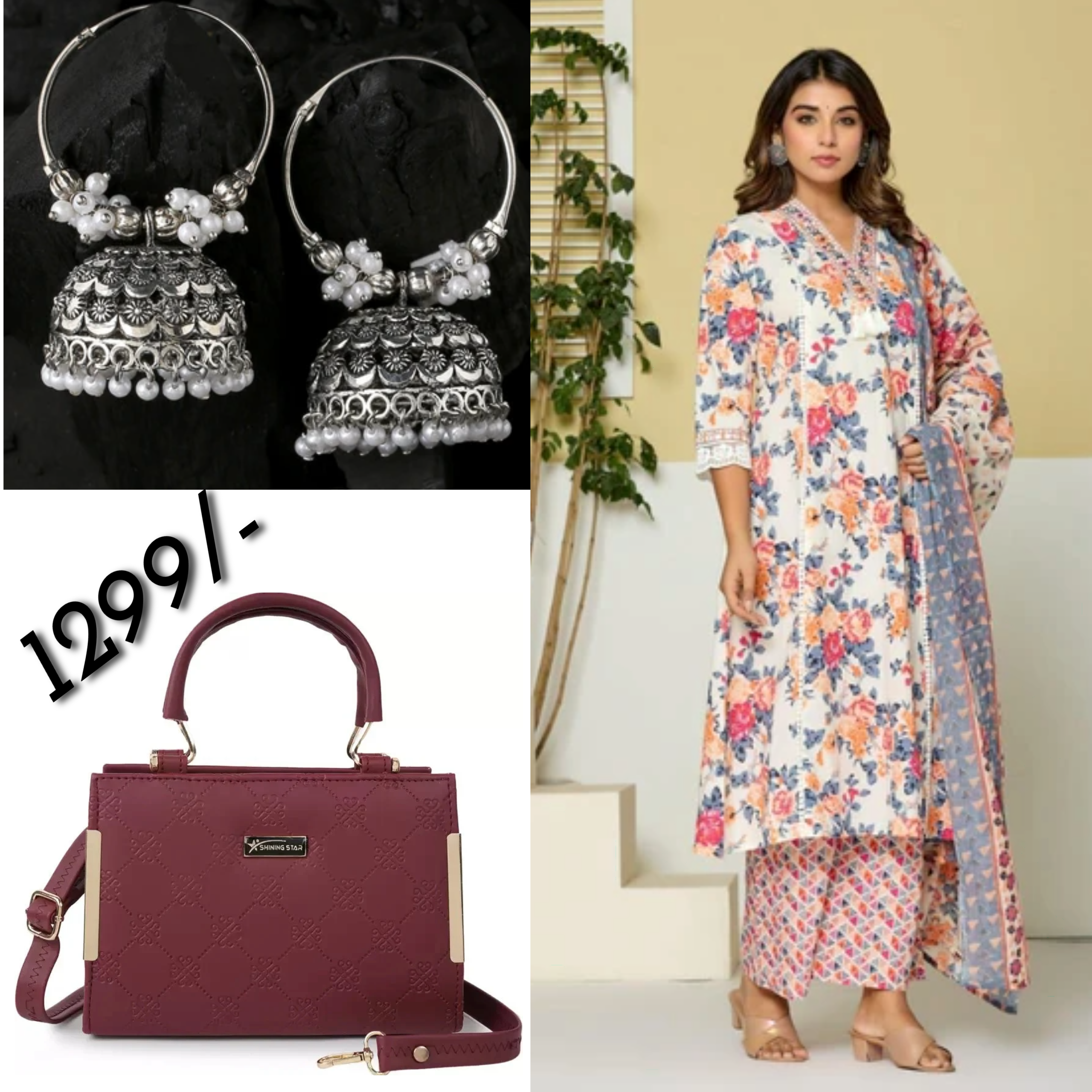 Cream Floral Printed 3 piece Kurta Set with hand bag with beautiful earrings Combo (C23)