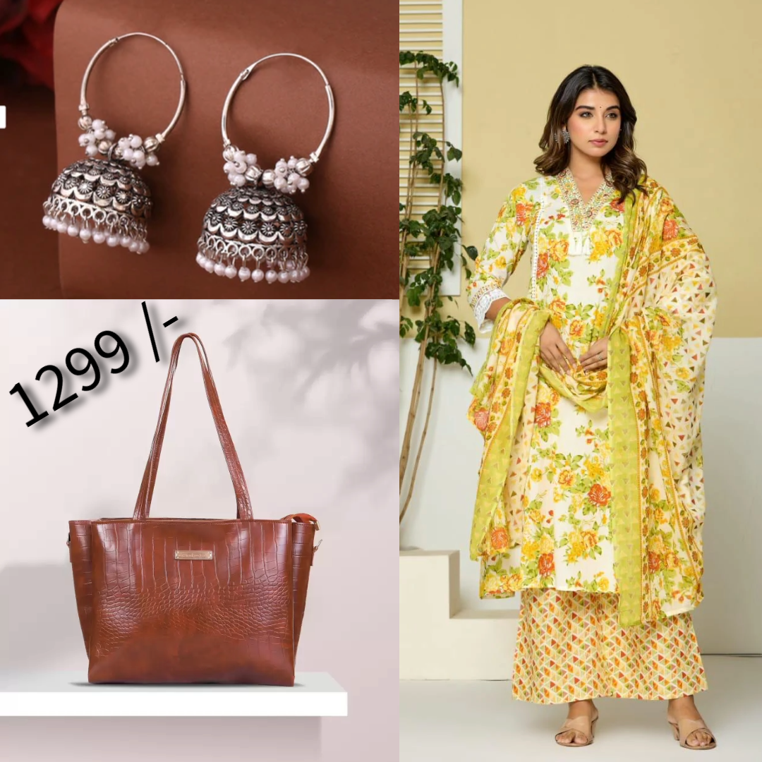 Yellow and White Floral 3 Piece Kurta Set with hand bag and earrings Combo (C24)