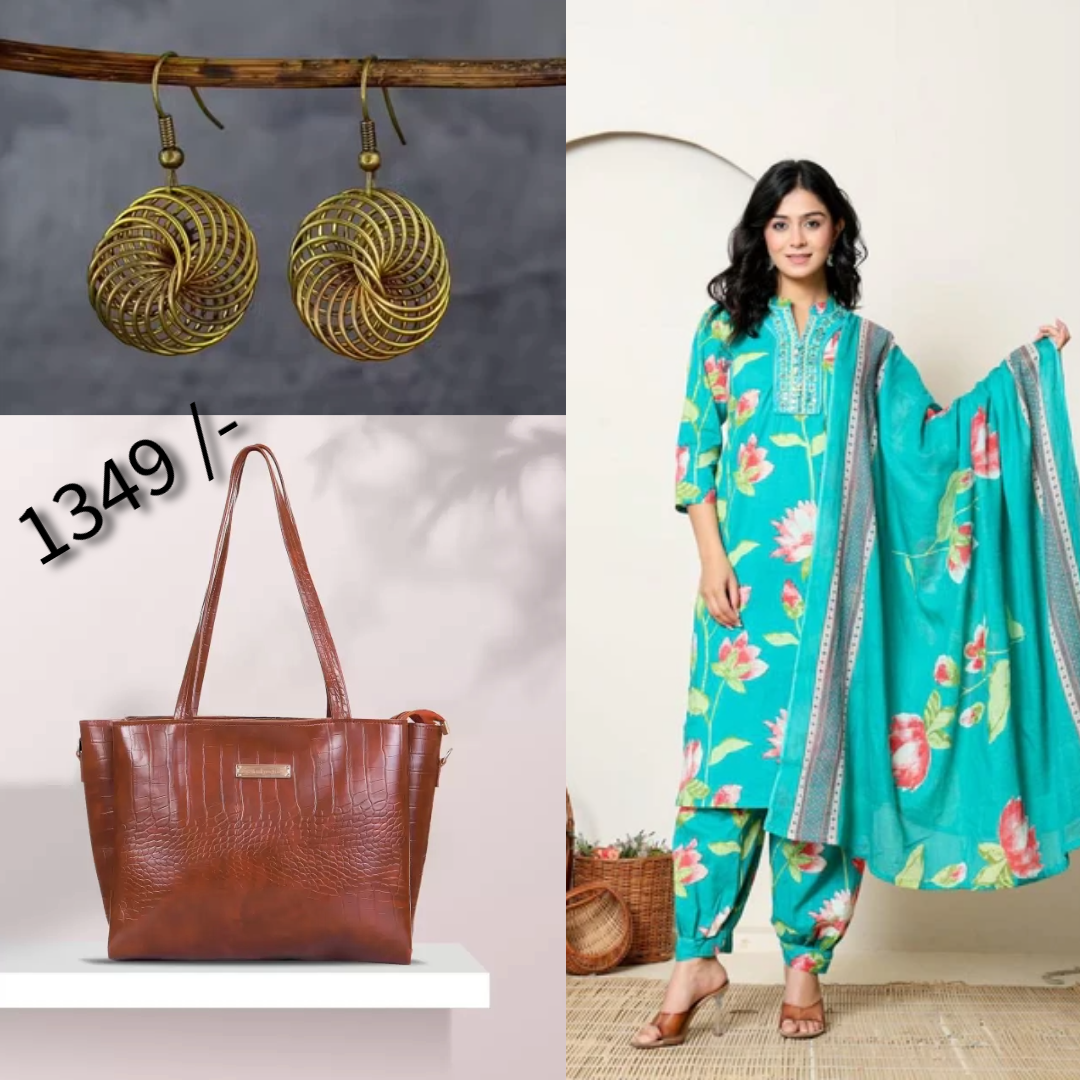 Blooming Beauty Combo – Floral Suit Set, Earrings & Bag ( C10 )