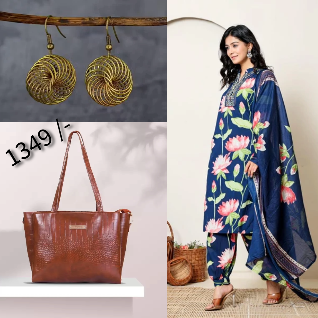 Navy Blue 3 piece Kurta Set with hand bag and earrings Combo (12)