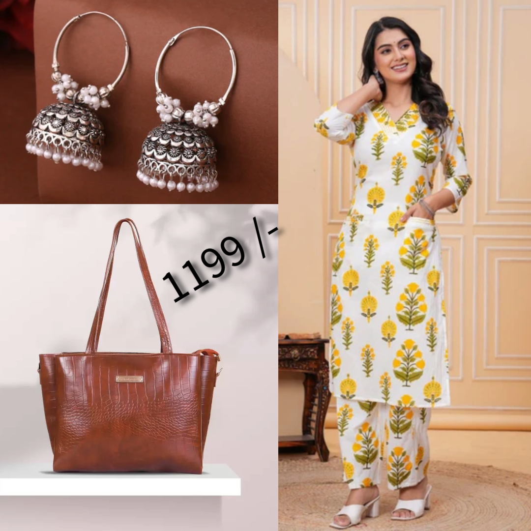 Elegant Ethnic Combo – Kurta Set, Earrings & Bag ( C7 )