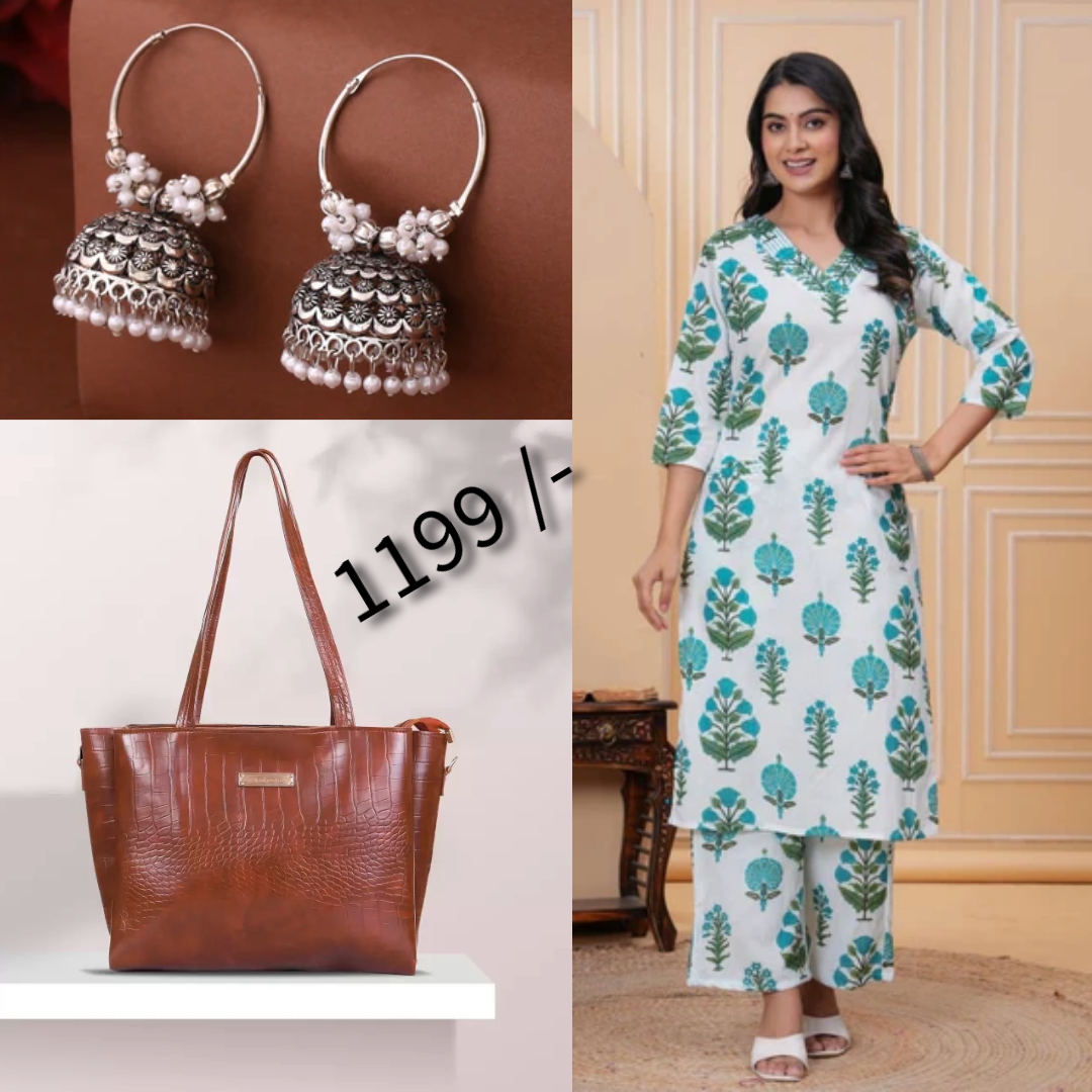Elegant Ethnic Combo – Kurta Set, Earrings & Bag ( C6 )