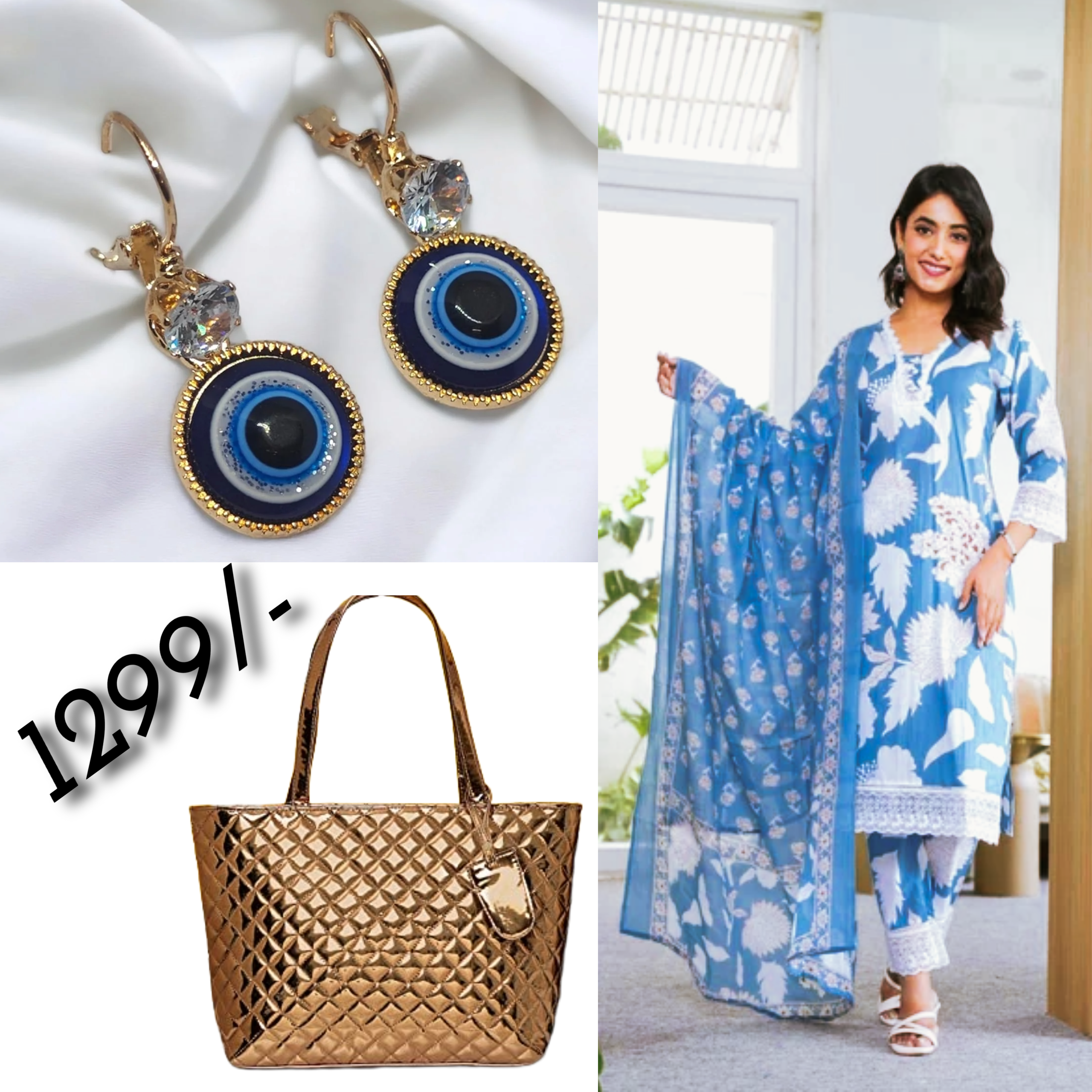 Sky Blue 3 piece Kurta Set earrings with hand bag combo (C5)