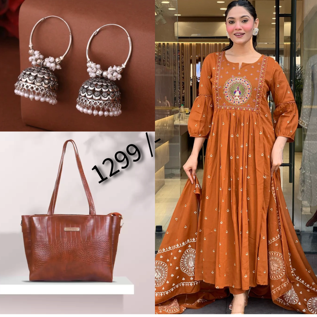 Ethnic Diva Combo – Embroidered Gown Set, Jhumkas & Bag ( C8 )