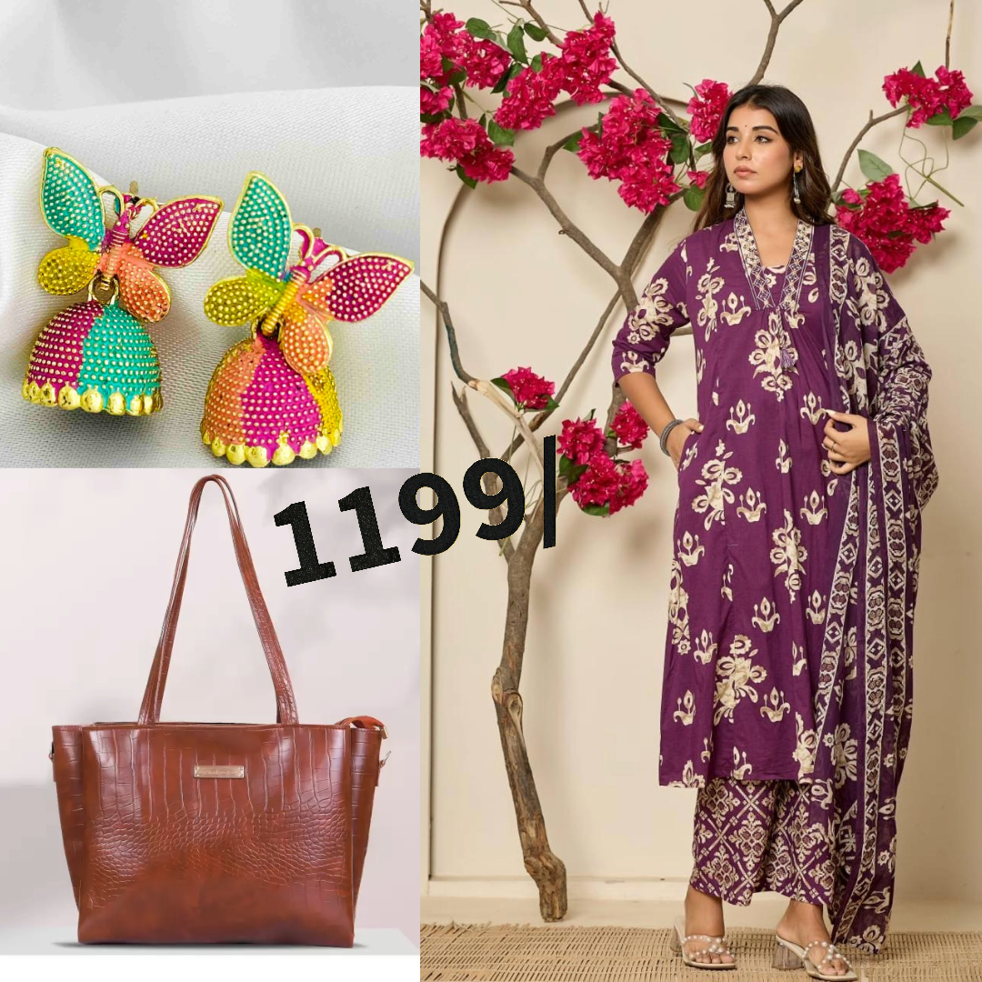 Floral Print, Bag & Jhumka (C1)