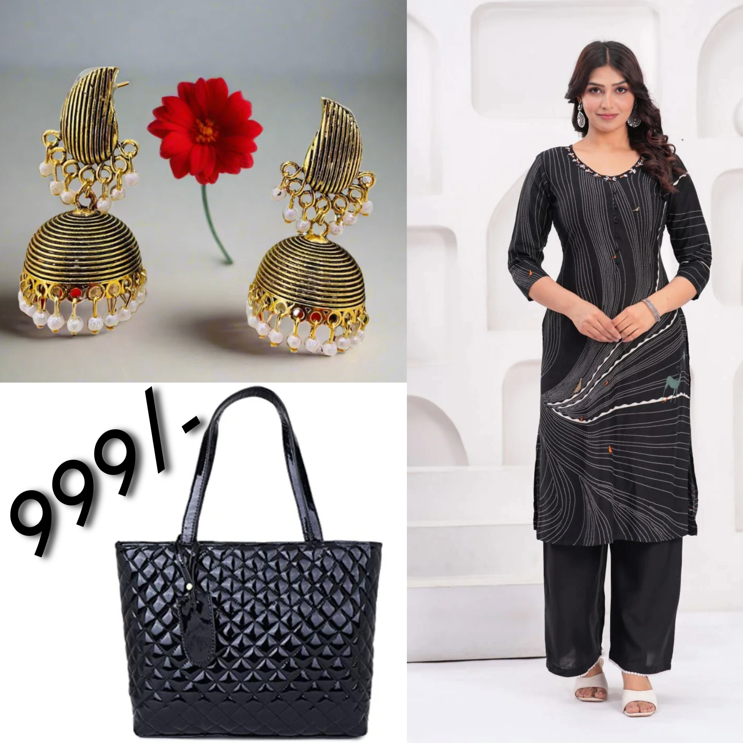 Black Colour 2 piece Kurta Set with hand bag with earrings Combo (C19)