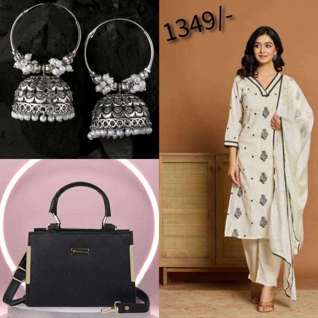 White three piece kurta set earrings and hand bag combo (C3)