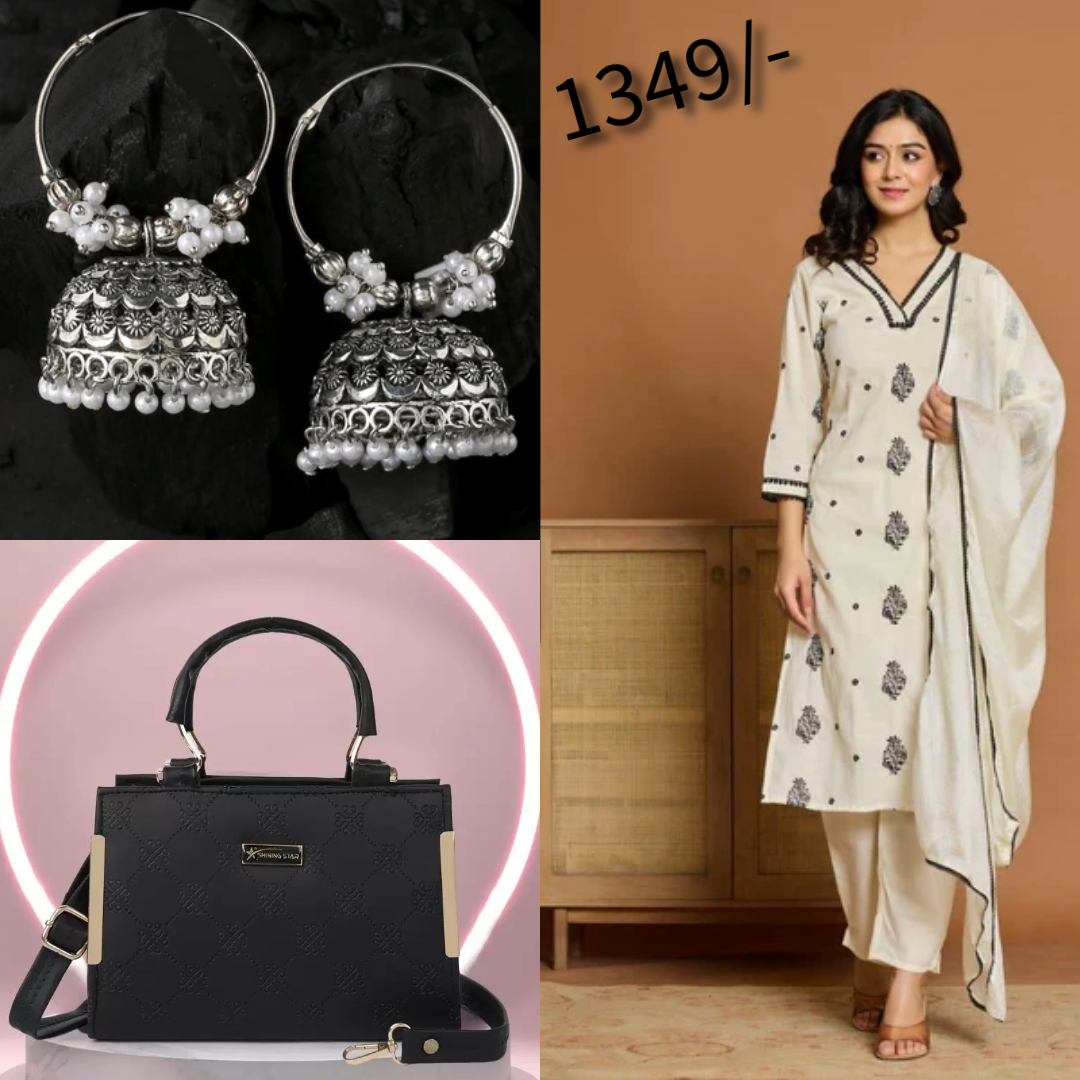 White three piece kurta set earrings and hand bag combo (C3)