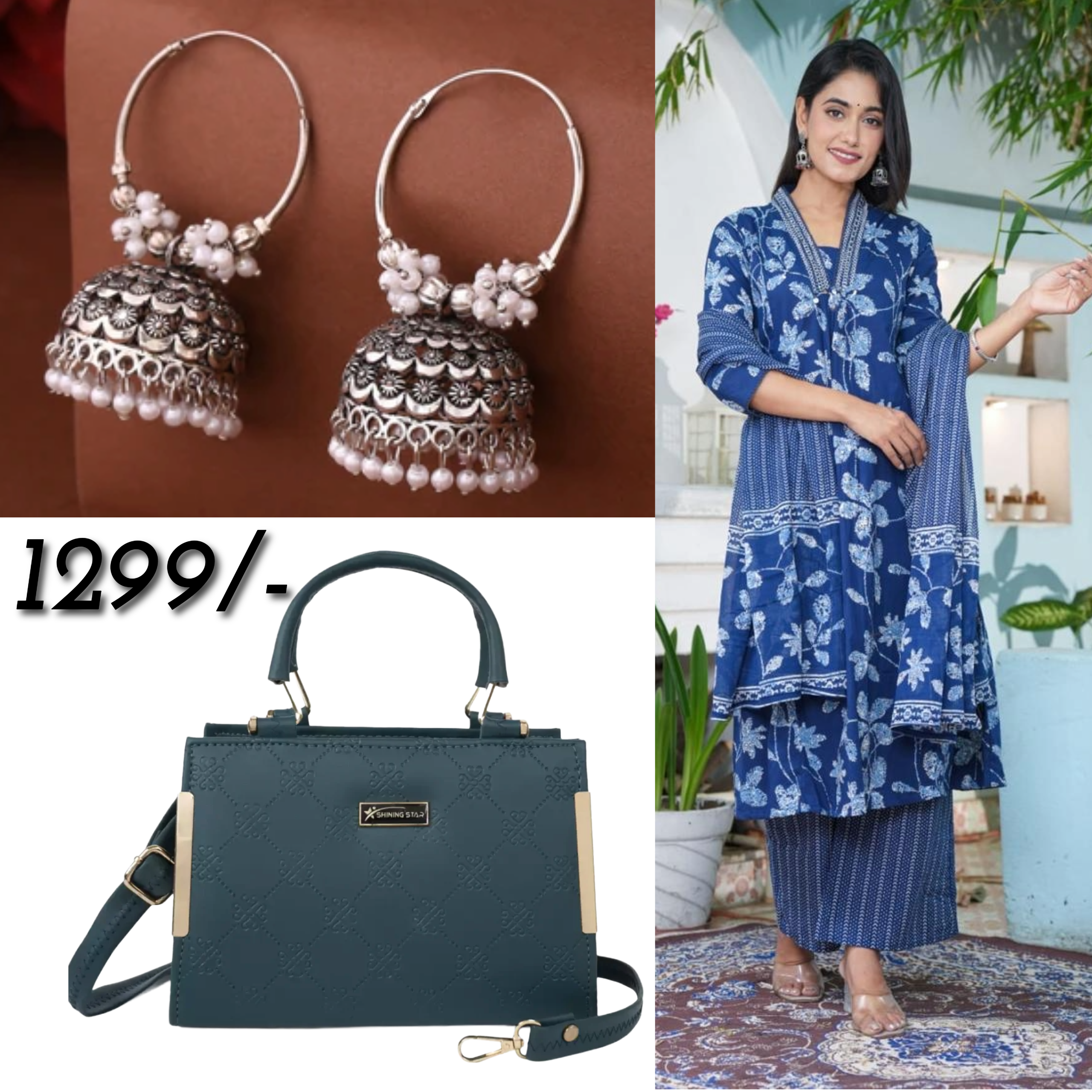 Blue Coloured printed 3 piece Kurta Set with handbag and earrings combo ( C20)