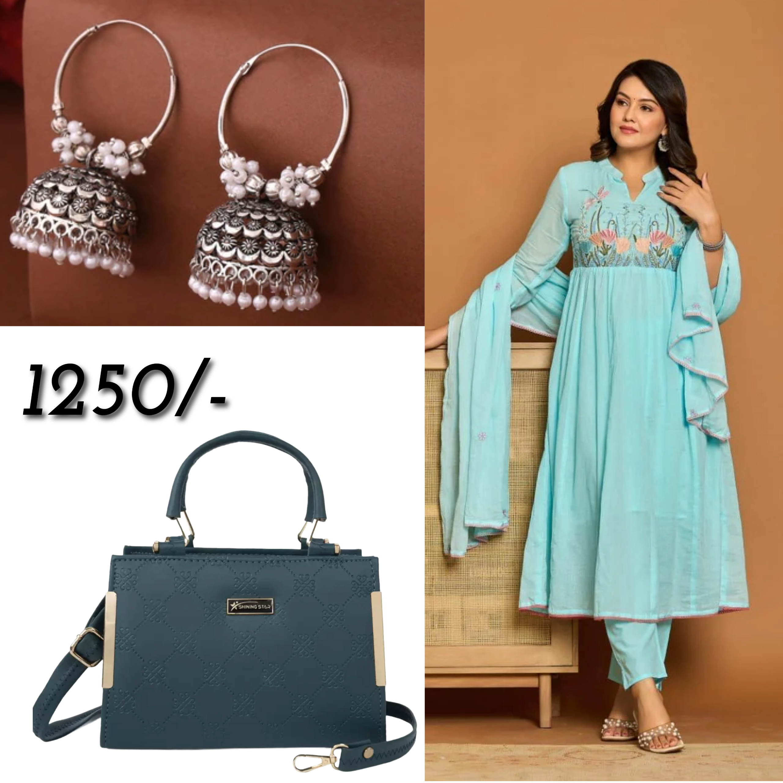 Sky Blue 3 Piece kurta Set with hand bag with earrings combo (C21)