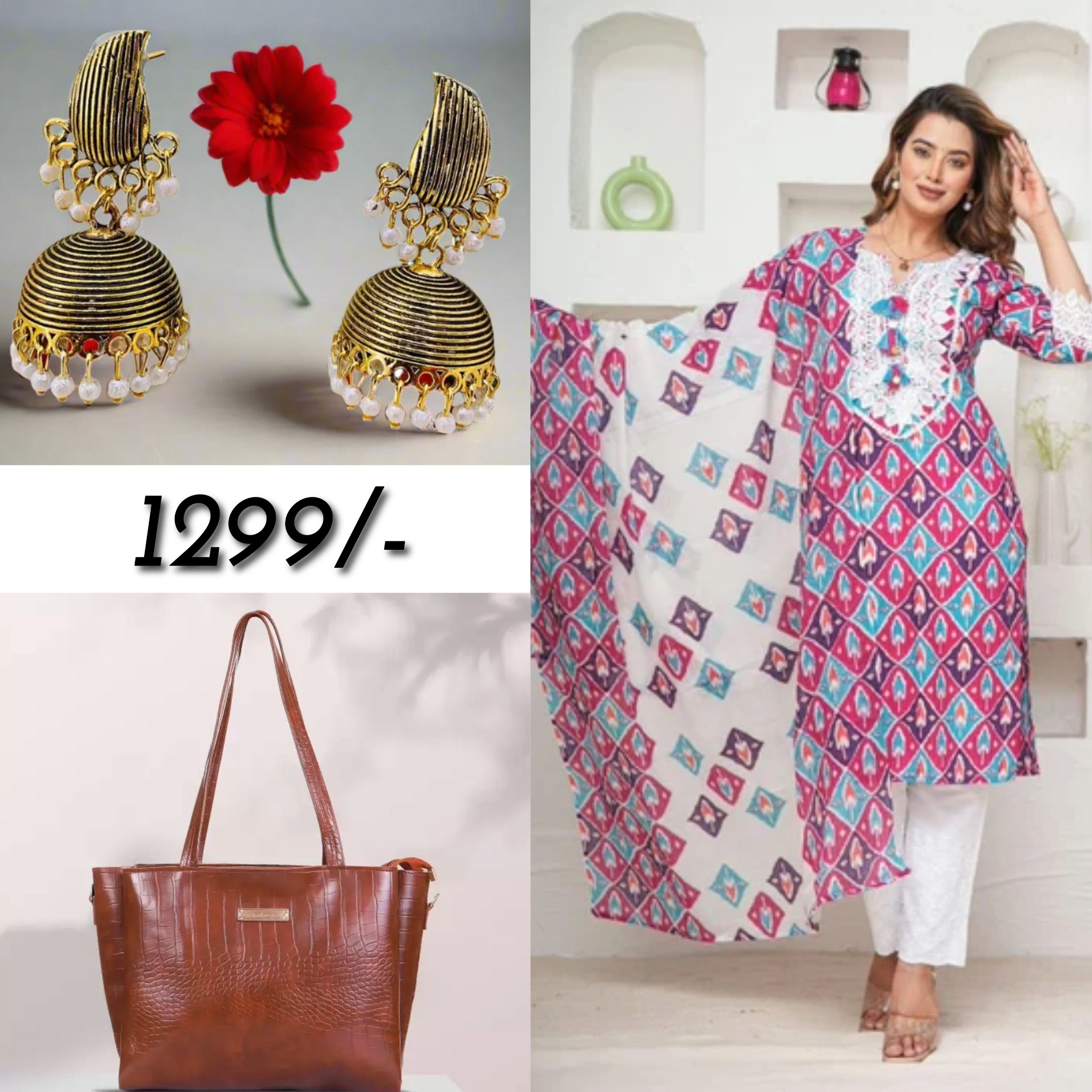pink coloured Suit vibrant shade 3 piece kurta set combo (C22)
