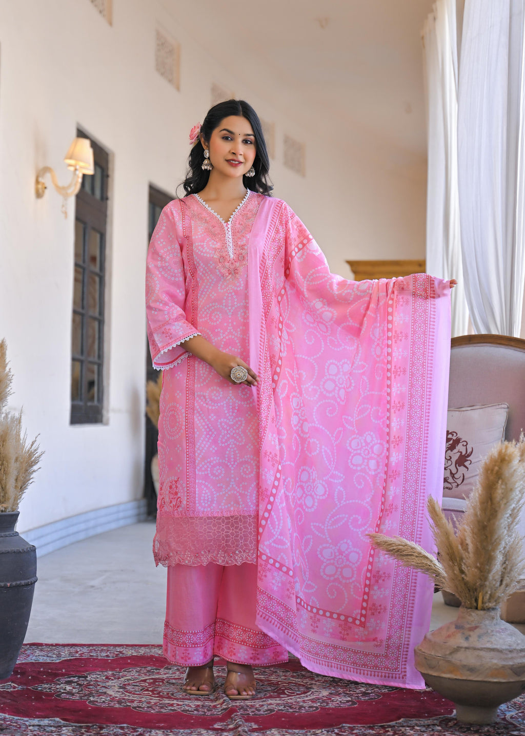 Women's Pink 3/4 Sleeves Jam Cotton Suit of 3 Embroidered Kurta, Palazzo & Dupatta Set
