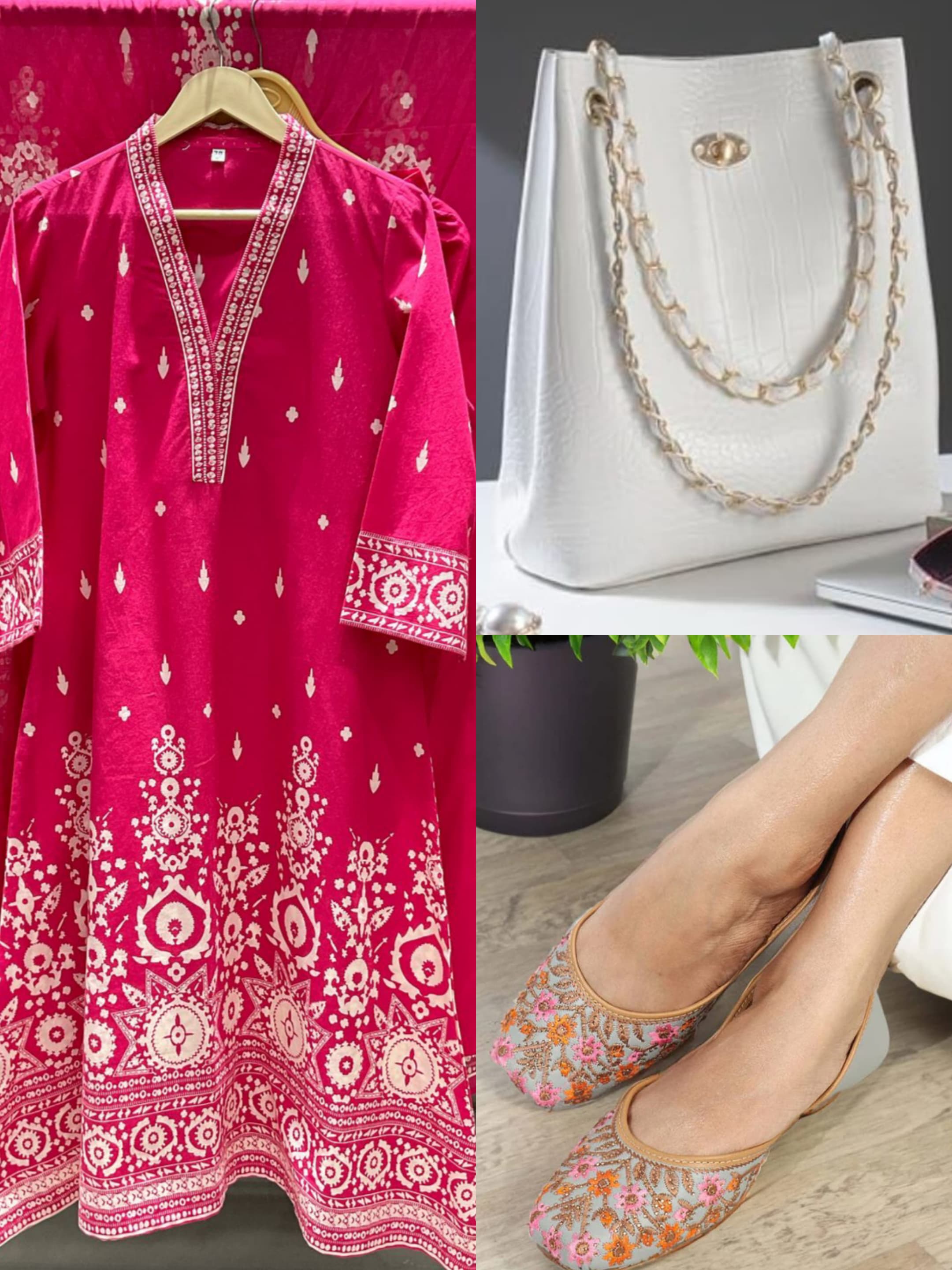 Red 3/4 Sleeves Jam Cotton Suit, Beautiful Bag, Jutti COMBO OFFER ONLY 1649/-