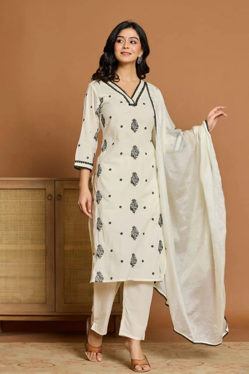 White three piece kurta set earrings and hand bag combo (C3)