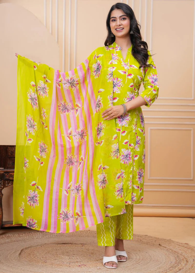lemmon Green 3 piece Kurta and hand bag with earrings Combo (15)