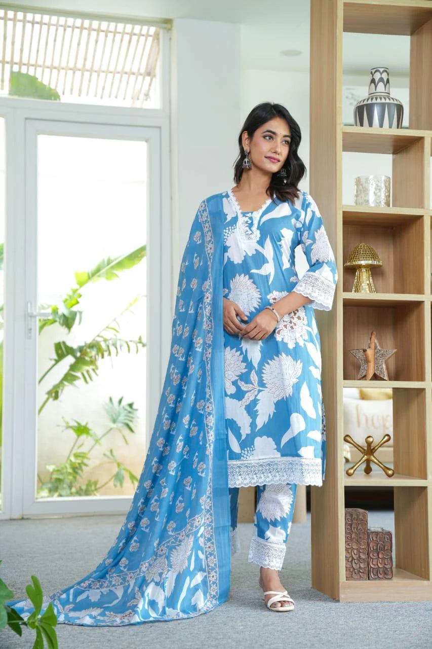 Sky Blue 3 piece Kurta Set earrings with hand bag combo (C5)